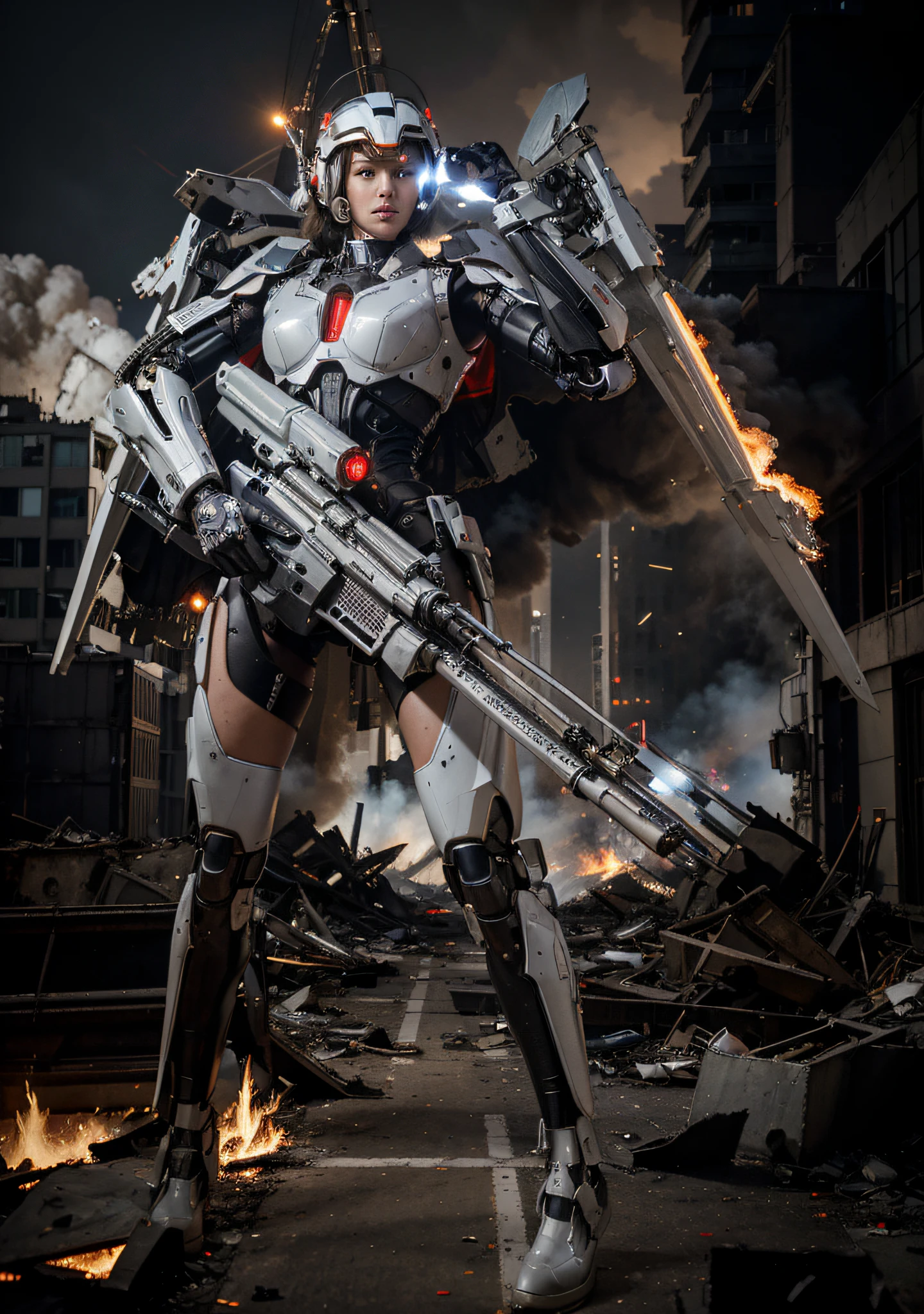 beautiful woman, con un moderno traje volador mecha cyborg, Blanco con detalles rojos, Casco moderno con amplia visera roja de cristal., alas de metal con lanzamisiles, holding laser weapons, It is on the street of a totally destroyed modern city., mucho fuego, humo , humo, Fuego, 4k, Imagen ultra detallada, realista, Altamente detallado, perfect composition, splendid, Intrincadamente detallado, Incredibly detailed, 8 k artistic photography, hiper detallado, Obra maestra, Ultra detallado, Hiperrealista, 4k, Imagen ultra detallada, realista, Altamente detallado, perfect composition, splendid, Intrincadamente detallado, Incredibly detailed, 8K fine art photography, hiper detallado, Obra maestra