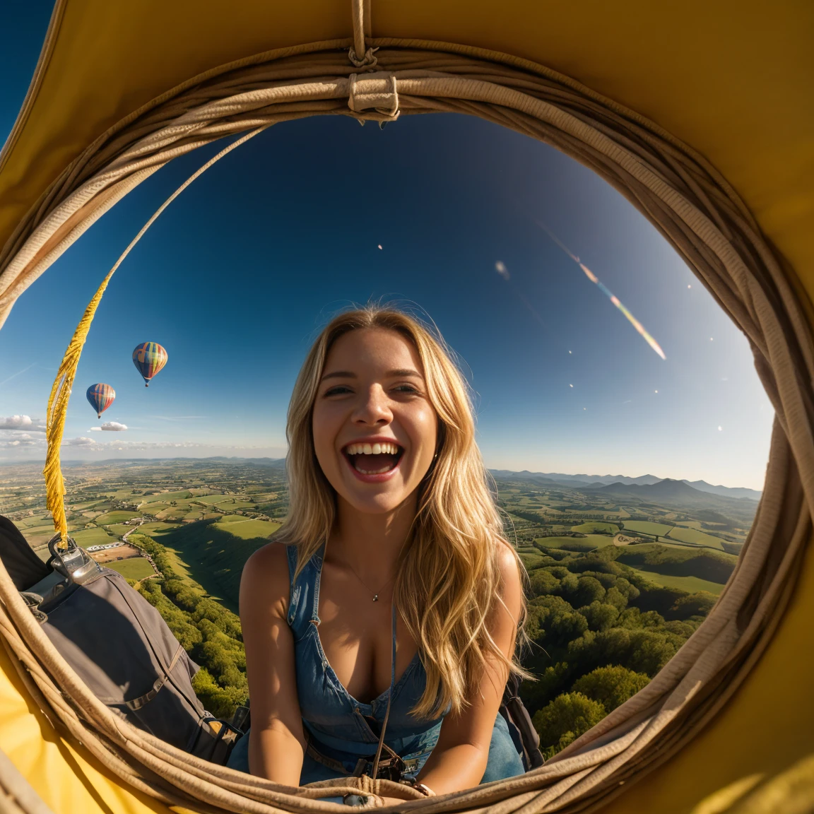 Best quality, 8k, 32k, Masterpiece, UHD:1.2).  on a picturesque hot air balloon ride over a dreamy landscape in masterful 8K detail, a cute blond-haired woman beams with joy as the UHD captures every moment of her blissful adventure.