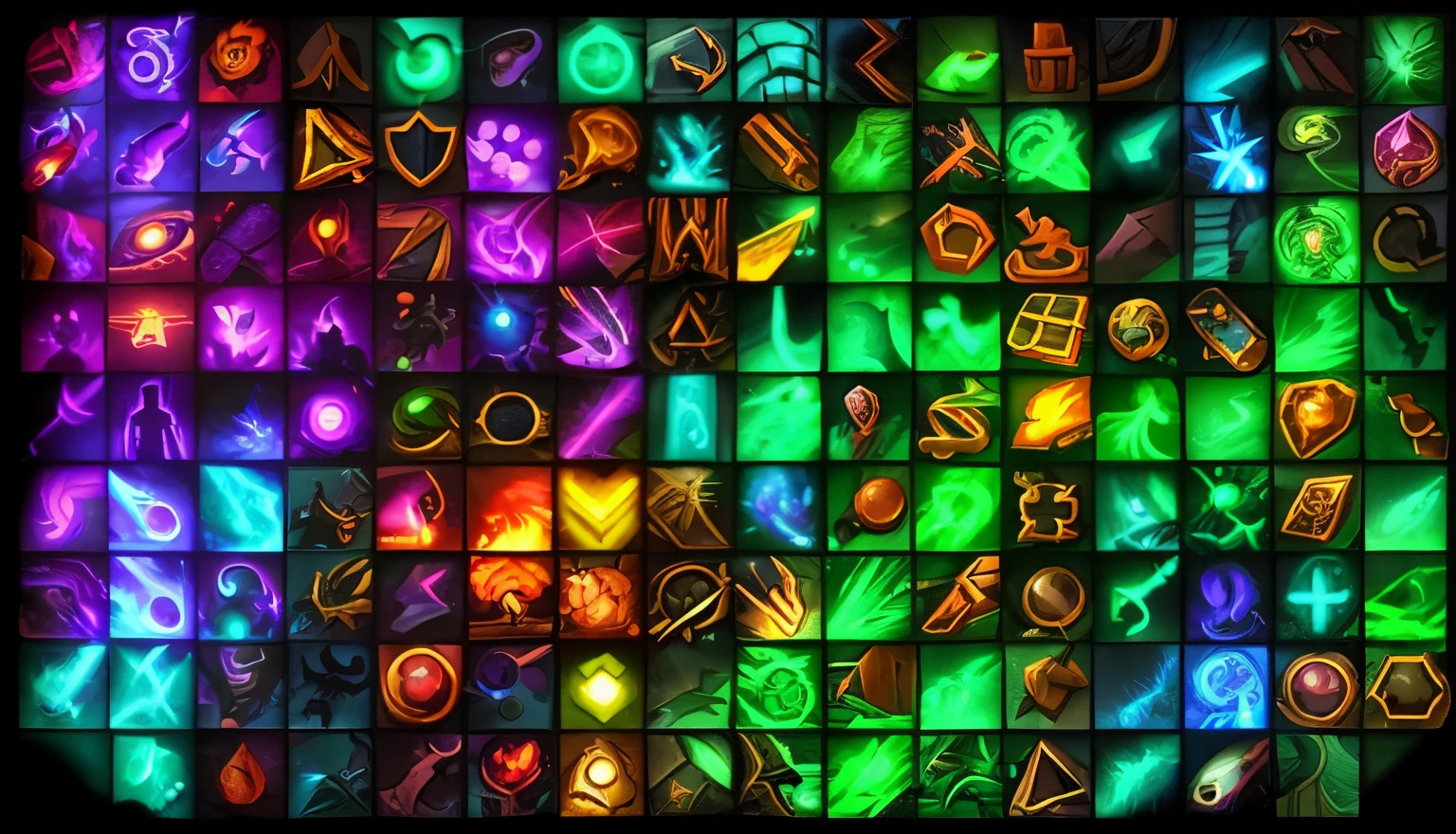 a large collection of different items in a game, world of warcraft spell icon, game icon asset, skill ability art, arcane art style, league of legends inventory , fantasy game spell icon, video game skill ability, magic spell icon, game icons, glowing energy effects, ability image, arcane league of legends, neon glowing spells, lightning mage spell icon, dota