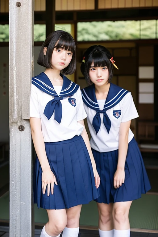 Inside a broken concrete building、((Two beautiful Japan girls))、Same school uniform、Same sailor suit、、With bangs、serious facial expression、Navy long skirt below the knee、