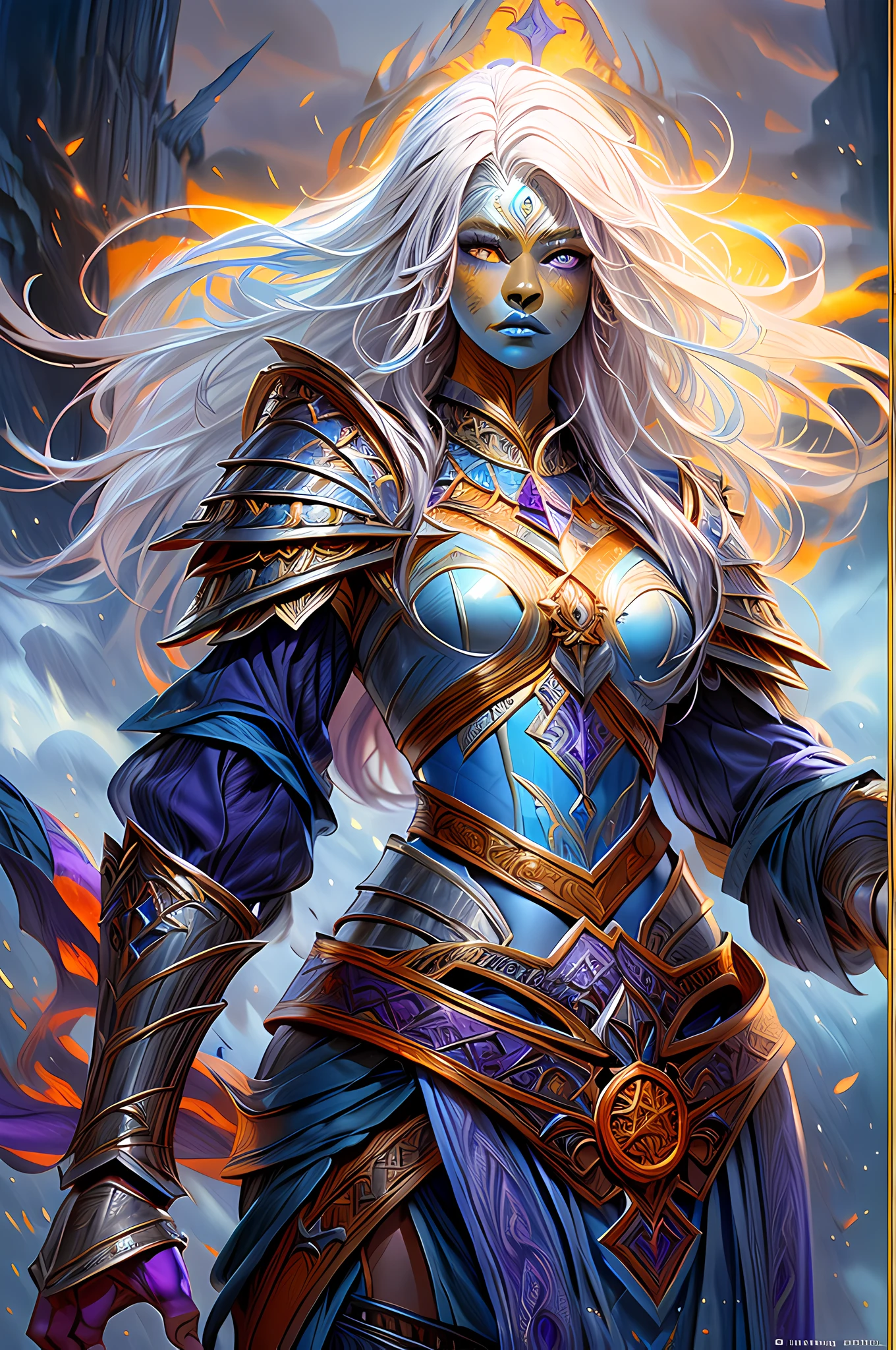 fantasy art, dnd art, RPG art, drkfntasy wide shot, (masterpiece:1.3), full body intense details, highly detailed, photorealistic, best quality, highres, portrait a vedalken female (fantasy art, Masterpiece, best quality: 1.3) (blue color skin: 1.5) 1person blue_skin, intense details facial detail fantasy art, Masterpiece, best quality)cleric, (blue colored skin: 1.3) 1person blue_skin, (white hair: 1.3), long hair, intense (purple eyes: 1.4), fantasy art, Masterpiece, best quality) armed a fiery sword red fire, wearing heavy (white: 1.3) half plate mail armor LnF wearing high heeled laced boots, wearing an(orange :1.3) cloak, wearing glowing holy symbol GlowingRunes_yellow,  within fantasy temple background and sun and clouds, reflection light, high details, best quality, 16k, [ultra detailed], masterpiece, best quality, (extremely detailed), dynamic angle, ultra wide shot, photorealistic, RAW, fantasy art, dnd art, fantasy art, realistic art