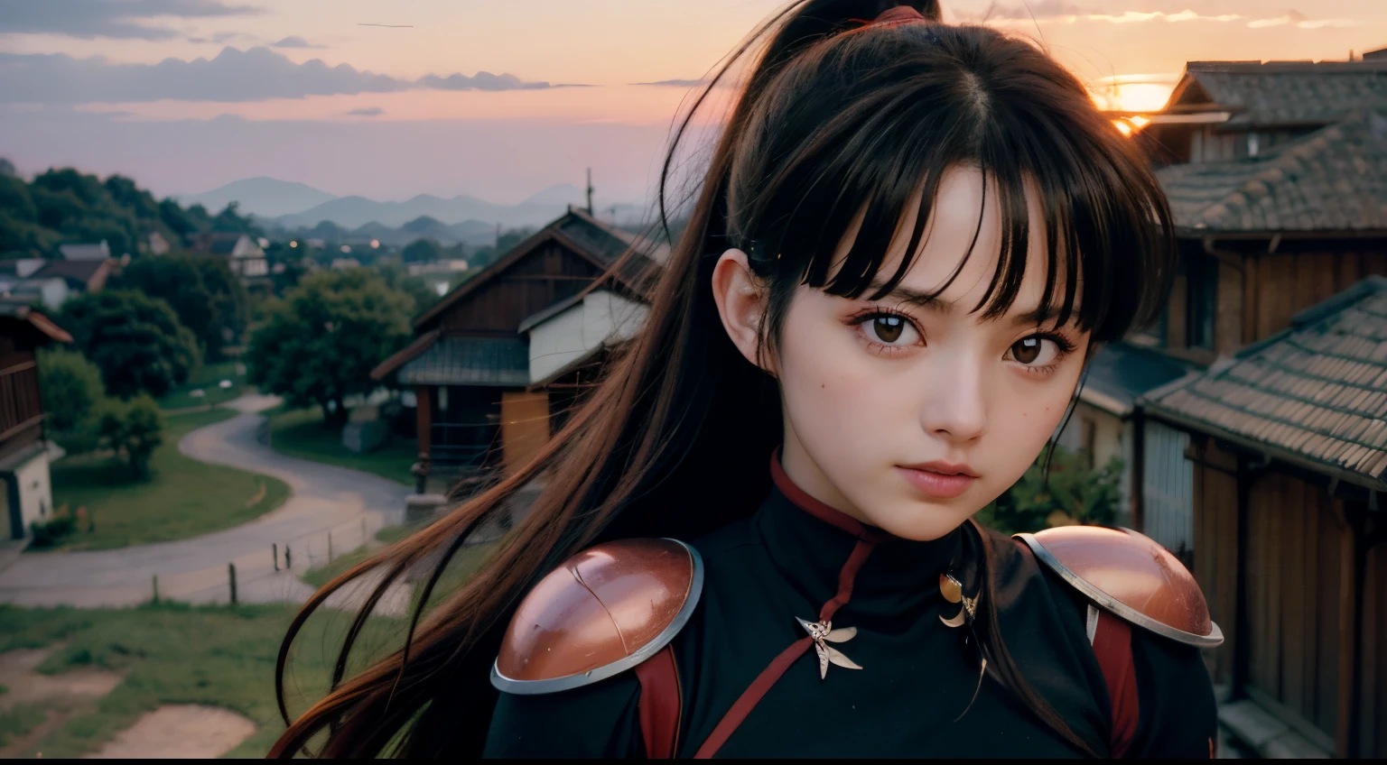 Sango, 1girl, (upper body) shot, photorealistic, (hyperrealistic:1.2), perfect eyes, perfect face, perfect lighting, outdoors, warm colors, village, sunset,