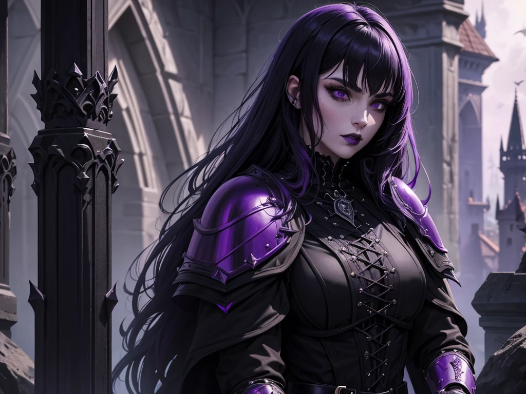 A vampire wizard character wearing very detailed and beautiful gothic armor in black and purple colors. Seu cabelo com corte em estilo curto, black lip color, cor roxa, capuz, caminhando, 8k, Magnificent, Black and purple Gothic armor, capa