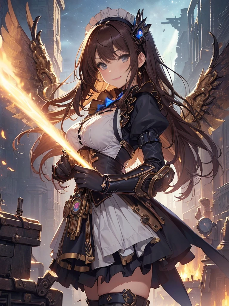 top-quality、Top image quality、​masterpiece、Angle seen from the side、Beautiful Gothic girl((20yr old、Best Bust、big bast、Bust 90,long hair with beautiful blue eyebrows、A slender、a closeup、Hold a steampunk cannon、steampunk armor、Flying in the sky、glowing sword in hand、fly on big mechanical wings、cool jump、fight、Esbian、Gothic Maid costume、beautiful apron、hiquality、Beautiful Art、Background with((starrysky)))masutepiece、visualart、depth of fields、、、🎵、Happy smile、Gentle light、、Beautiful legs that are gentle on the skin、、Number of fingers to achieve precise finger movements、nffsw、nffsw、Lots of gears、、Artistically、、action scene、huge robot、Great angle、steampunk fantasy、Kime Pose！Lively atmosphere、Brown hair、Bob Hair、Her clothes are torn and sexy