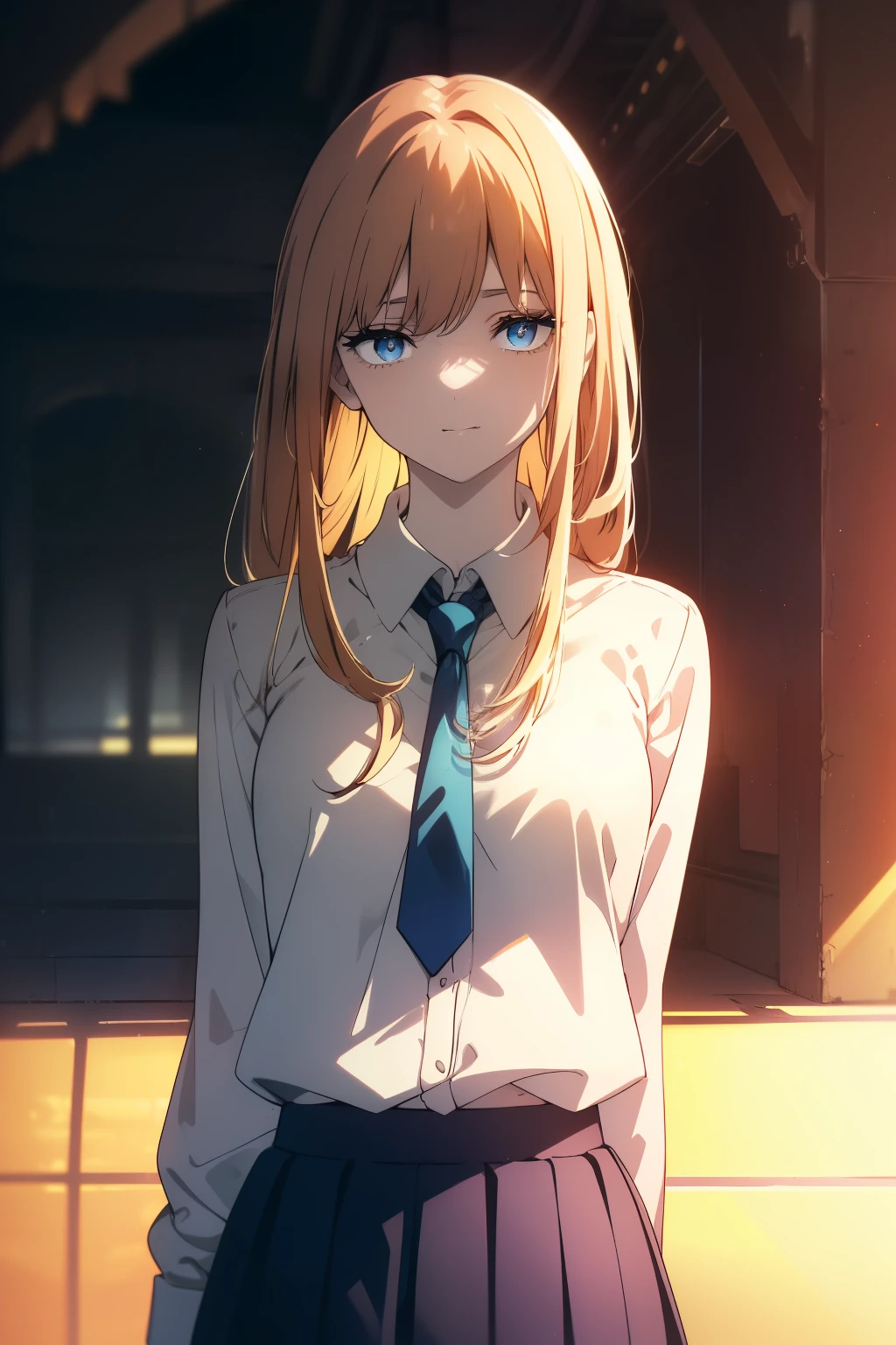 (Obra maestra, La mejor calidad, ultrahigh resolution), 1girl, standing, school uniform, white office shirt, black pleated skirt, ((light brown, light brown hair:0.7), long hair cut, pale skin, ((blue eyes)), glowing_eyes, neon eyes, (ultra detailed eyes:0.7, beautiful and detailed face, detailed eyes:0.9), ((centered)), smile, ((wide shot)), facing viewer, eye level, (blurry background, bright, retro sunset, palm trees), flat chested, looking at viewer, ((half closed eyes)), ((perfect hands)), (((head, arms, hips, elbows, in view))), ((hands behind back)), empty eyes, beautiful lighting, outside, outdoors, background, defined subject, 25 years old, (head tilt)