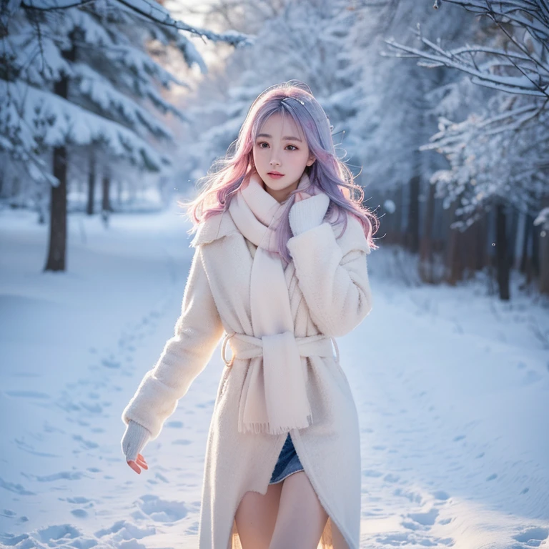 Beautiful girl with blue-pink hair,She is like a brilliant brilliance in winter,A sharp contrast to the cold background。Her hair is as pure as and snow,Delicate silk threads hang gently on her slender shoulders,As if falling snowflakes surround her。
Against this winter background,Her eyes are like two crystal clear crystals,It seems to capture the mystery and clarity of the entire season。Those lake-like eyes sparkled with a warm light,Like the winter sun shining through the ,Heartwarming。
Her face is as white as snow,As pure as the first snow in winter。The skin is delicate and smooth,It's like being purified by the coldness of winter。There is a hint of blush on the cheeks,Like a breath of vitality brought by the gentle blowing cold wind。
Her figure is slim and elegant,Dancing in the winter wind。She is wearing a gorgeous cashmere coat,lightly draped over the body,It adds a sense of nobility and warmth to her。Slender legs are wrapped in a pair of boots,Light and steady pace,Like a dancer on the and snow。
In winter,She chose some fashionable and warm clothing to show her personality and taste。She is wearing an exquisite woolen scarf,Wrap neck tightly,It not only keeps warm but also highlights her beautiful collarbone lines.。Wearing a gorgeous glove on the hand,embellished with sparkling jeweludes a mesmerizing glow。
The beauty with blue-pink hair,Complements the winter background。she looks so perfect,Like an elf born in a winter wonderland。The confidence and elegance she exudes are as heart-warming as the winter sunshine.,Become the most desirable existence in the cold winter。
