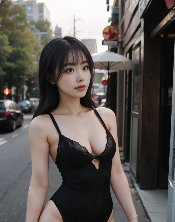 tmasterpiece, Best quality at best,RAW photogr,1个Giant Breast Girl,cute big breasts,23years old, The upper part of the body, cow boy shot, En plein air, vague background,Small , Black dress, Mavis,long whitr hair,[badbro]- Sexy Lingerie