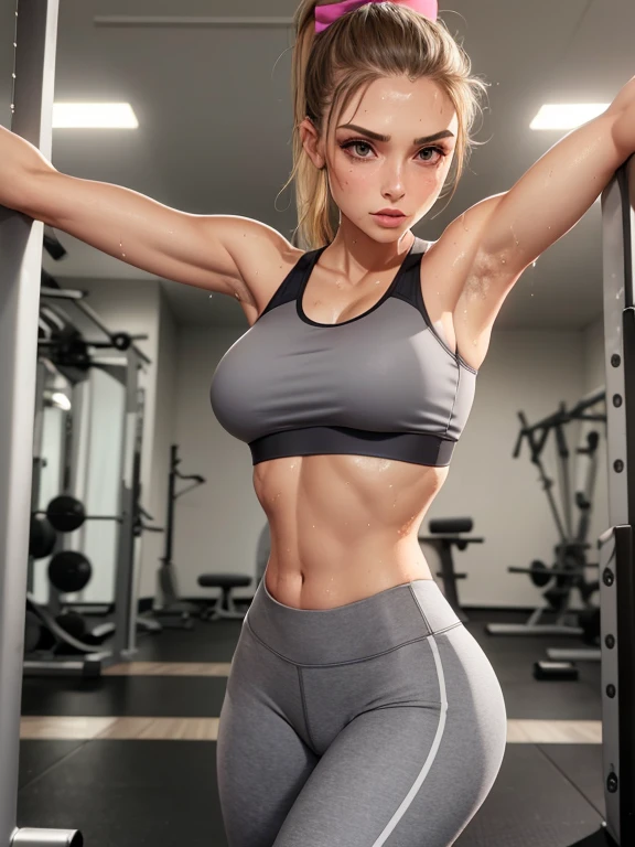 young woman, fashionable, workout clothes, gym, high ponytail, toned body, lean, strong, sport bra, leggings, tight, high cheekbones, blonde, grey eyes, long lashes, streching, ((sweaty))