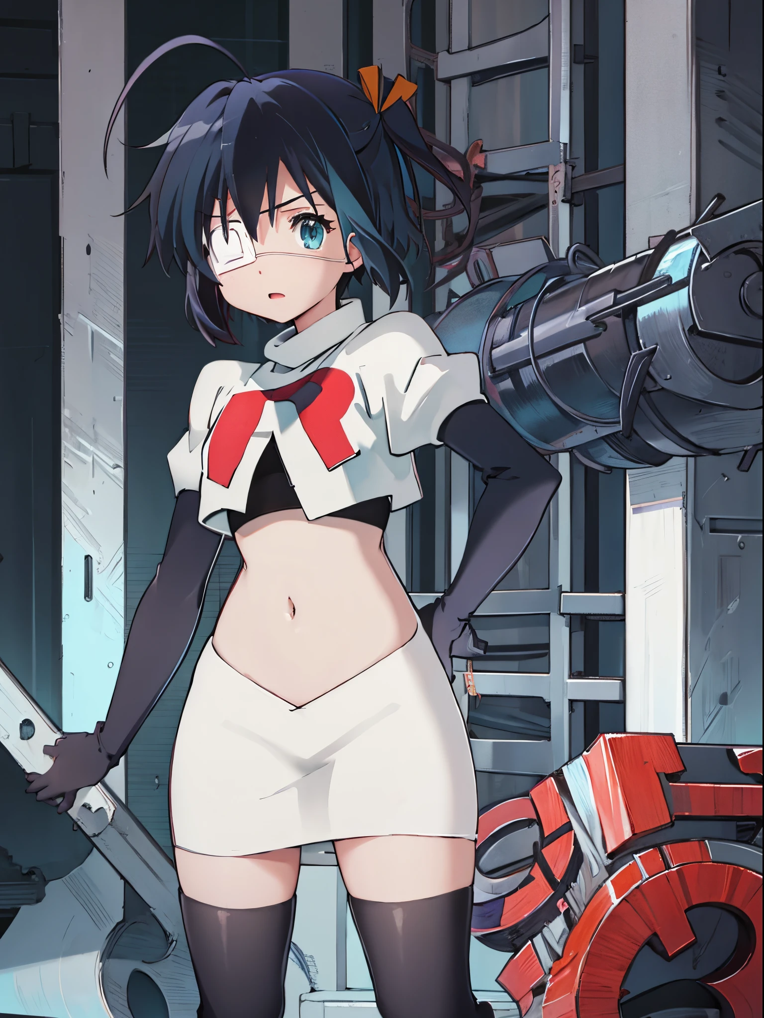 ph rikka, 1girl, :o, jacket, blazer, aqua eyes,team rocket,team rocket uniform,white skirt,crop top,black thigh-high boots,black elbow gloves,