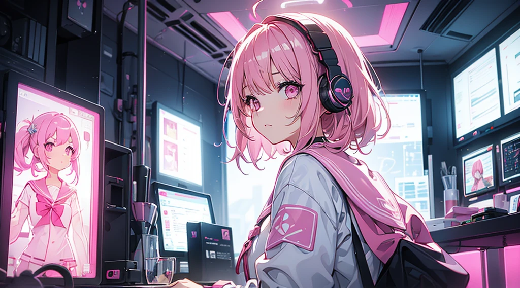 (1 girl, pink hair, pink eyes, sailor suit, headphone, studying), (pink cyberpunk, room with big window, pink neon)