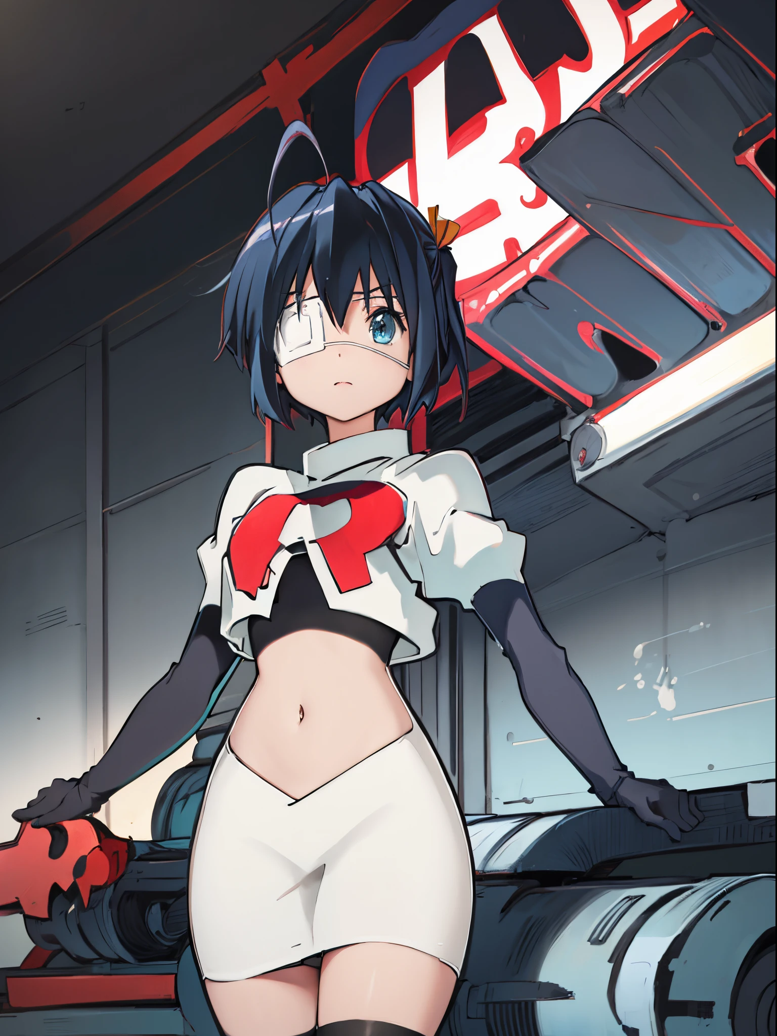 ph rikka, 1girl, :o, jacket, blazer, aqua eyes,team rocket,team rocket uniform,white skirt,crop top,black thigh-high boots,black elbow gloves,