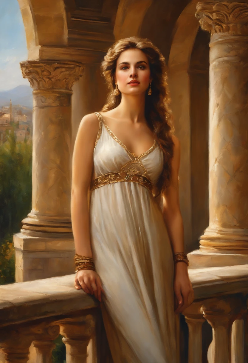 master piece, portrait, young woman of rare beauty, on a balcony with Greek columns and flowers, in the Middle Ages, Classicism, Andrey Atroshenko Style, Painting, Traditional media, realistic, figurative, Fine Arts, oil on canvas, HDR, 8k, Character original, very high resolution, very high detail, Focus on the face, intricate, impeccable