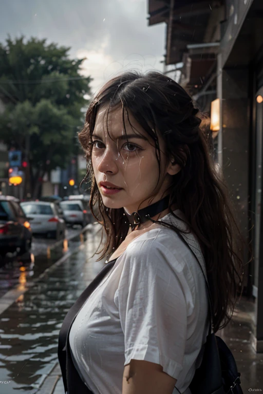1 woman, pale white skin, thin, ((crying while looking into the rain)), Standing on the street, pink and black hair, fireflies flying around her, flowers mixing with her hair, (heavy rain wetting her entire), Upper body, cover up, choker, hyper detailed photo, luminism, bar lighting, complex, 4k resolution conceptual portrait by Greg Rutkowski, Artgerm, WLOP, Alphonse Mucha, Small Realistic Gothic Pojatti Fusion, Fractal Isometry Details Bioluminescens: A stunning realistic photograph