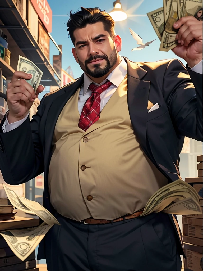 there is a man in a suit holding money in his hand, official character art, official art, high detailed official artwork, official character illustration, character splash art, official splash art, iconic character splash art, full art illustration, range murata and artgerm, commission for high res, portrait of professor sinister, style ivan talavera and artgerm