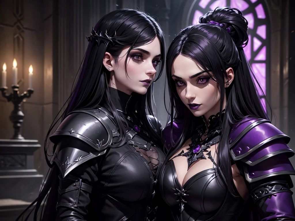 A vampire wizard character wearing very detailed and beautiful gothic armor in black and purple colors. Seu cabelo com corte em estilo curto, black lip color, cor roxa, capuz, caminhando, 8k, Magnificent, Black and purple Gothic armor, capa, rituais, ritualista, ceremony, lapela,