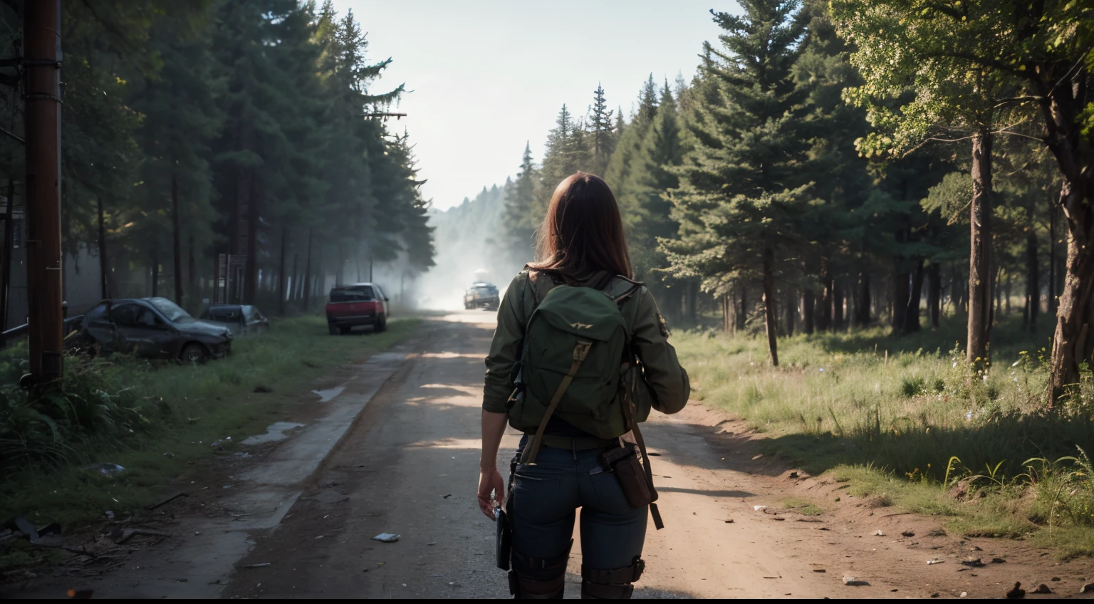 1 Mulher 25 anos, cabelo castanho longo amarrado, olhos azuis, com mochila cargueira cor verde, moletom marrom, With rifle in hand, Forest destroyed, sangrando , mascara de gas, Hyper realistic cinematic lighting super details skin texture , survival, destruction, 8k, Ultra HD | | | | |, (Post-apoc, Post-apoc_character)