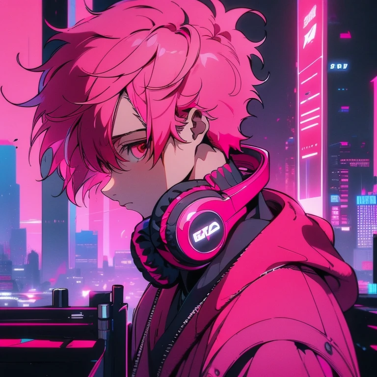 (short-cut), (Two-block hair), (vivid pink hair), (male character), (Red Eyes), (Cool pose), (of the highest quality), (​masterpiece), (ultra-detailliert), (Oversized hoodies), (headphones), (Street), (neons), (Camera from a down angle), (Modern City), (Neon Daylight), (Cinematic), (Stylish), (hight resolution), (Hyper Detailed), (Looking at the camera), (Anime-style), (Softtown), (nightcore), (a handsome man), (Listening to music), (natural appearance of the building), (casual), (ig studios anime style),