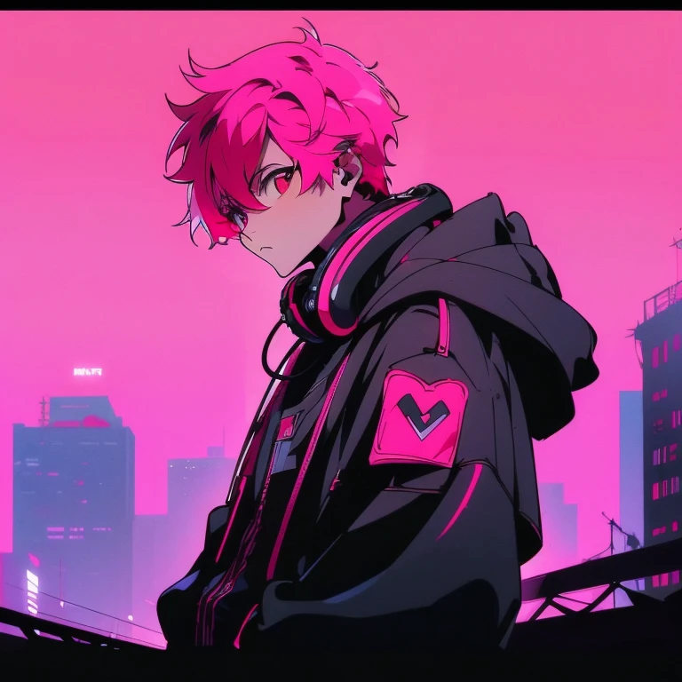 (short-cut), (Two-block hair), (vivid pink hair), (male character), (Red Eyes), (Cool pose), (of the highest quality), (masterpiece), (ultra-detailliert), (Oversized hoodies), (headphones), (Street), (neons), (Camera from a down angle), (Modern City), (Neon Daylight), (Cinematic), (Stylish), (hight resolution), (Hyper Detailed), (Looking at the camera), (Anime-style), (Softtown), (nightcore), (a handsome man), (Listening to music), (natural appearance of the building), (casual), (ig studios anime style),
