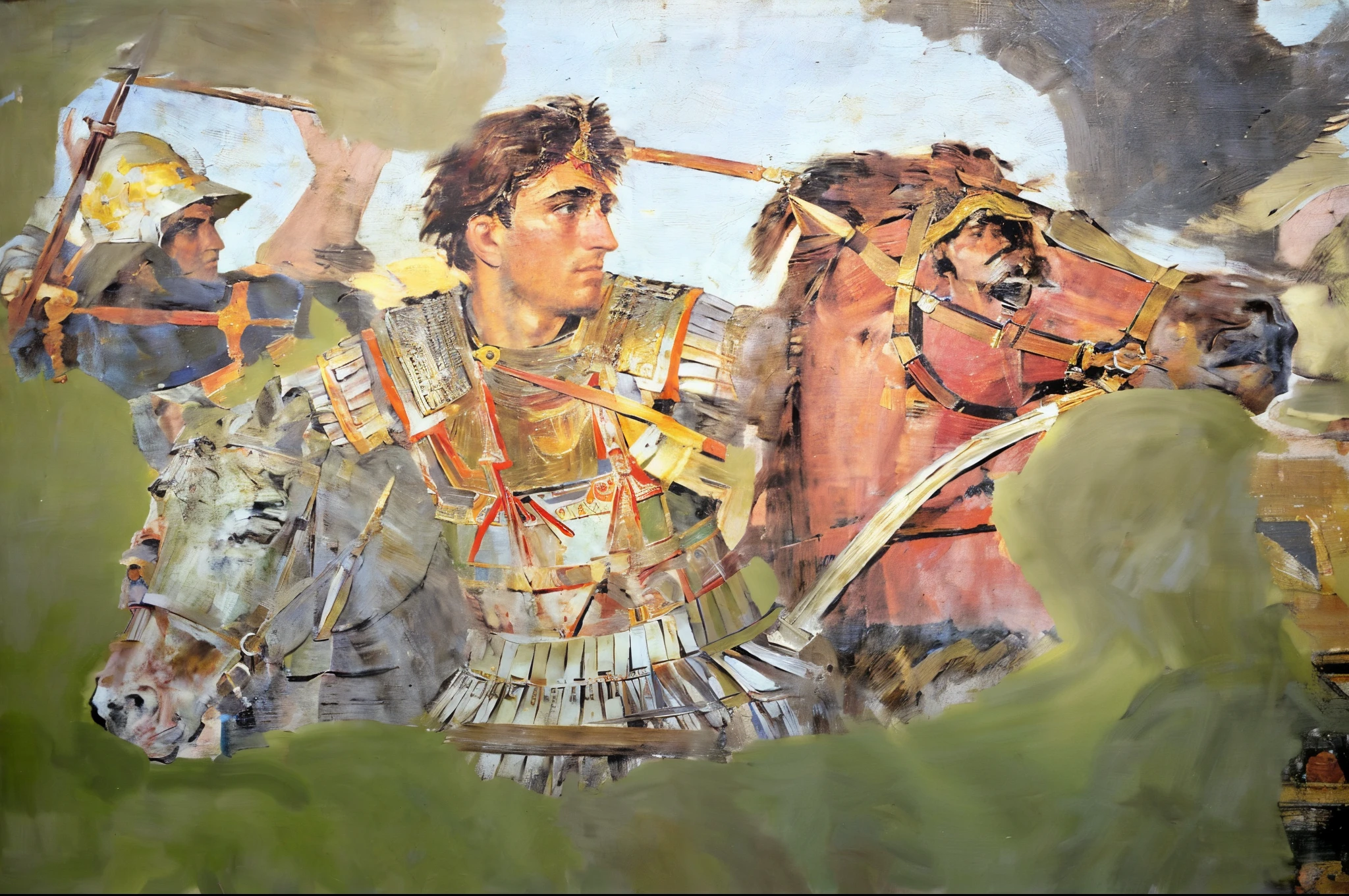 painting of a man riding a horse with a spear in his hand, alexander the great, alexander, historical artistic depiction, alexandros pyromallis, portrait of achilles, historical painting, fresco, greek amazon warrior, caesar, michael, by Douglas Shuler, fresco painting, ancient greek painting, history painting, by Pogus Caesar, in battle, greek