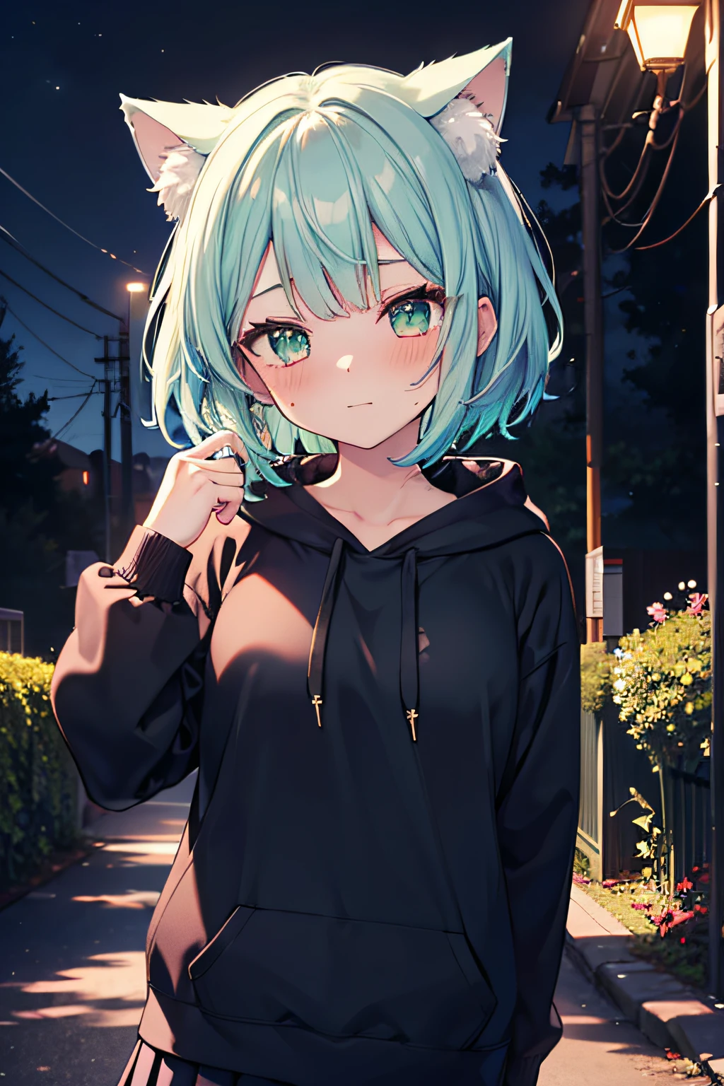((masutepiece)), ((Best Quality)), in 8K, detaileds, Ultra-detailed, Detailed and Intricicated, 1girl in, light blue and green hair, bob cuts, Cat's ears, Turned, AHE Face, Blushing cheeks, Looking at the camera, Black hoodie, Blue skirt, nighttime scene, in woods