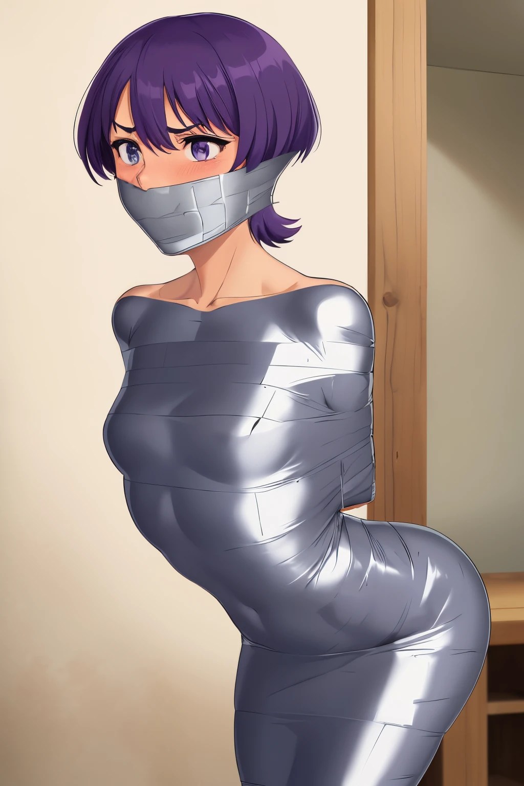 1girl, mummified, gagged, silver duct tape, off shoulder, bending over, arms behind back, purple hair, short hair, blushing, small chest, slim, improvised gag, tape gag, gagged, duct tape, tape bondage