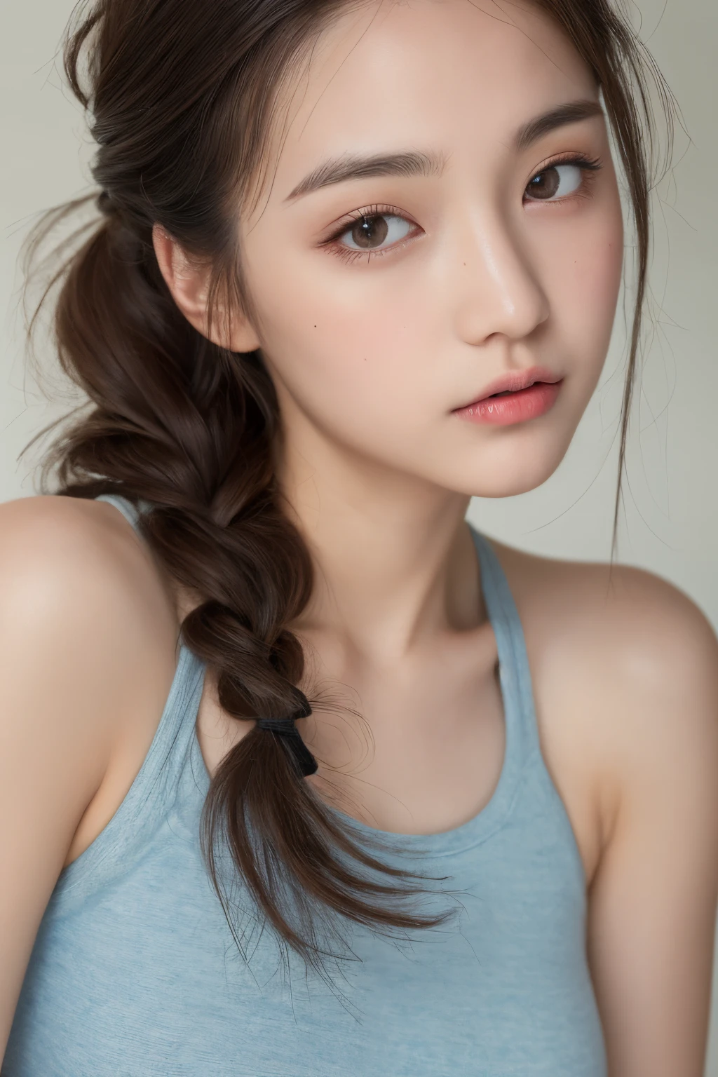 ((Best quality, 8k, Masterpiece :1.3)), 1girl, Pretty woman with emphasizing slender abs :1.3, (random hairstyles :1.2), Oversized tank top :1.2, Ultra-detailed face, Detailed eyes, Double eyelid, armpit