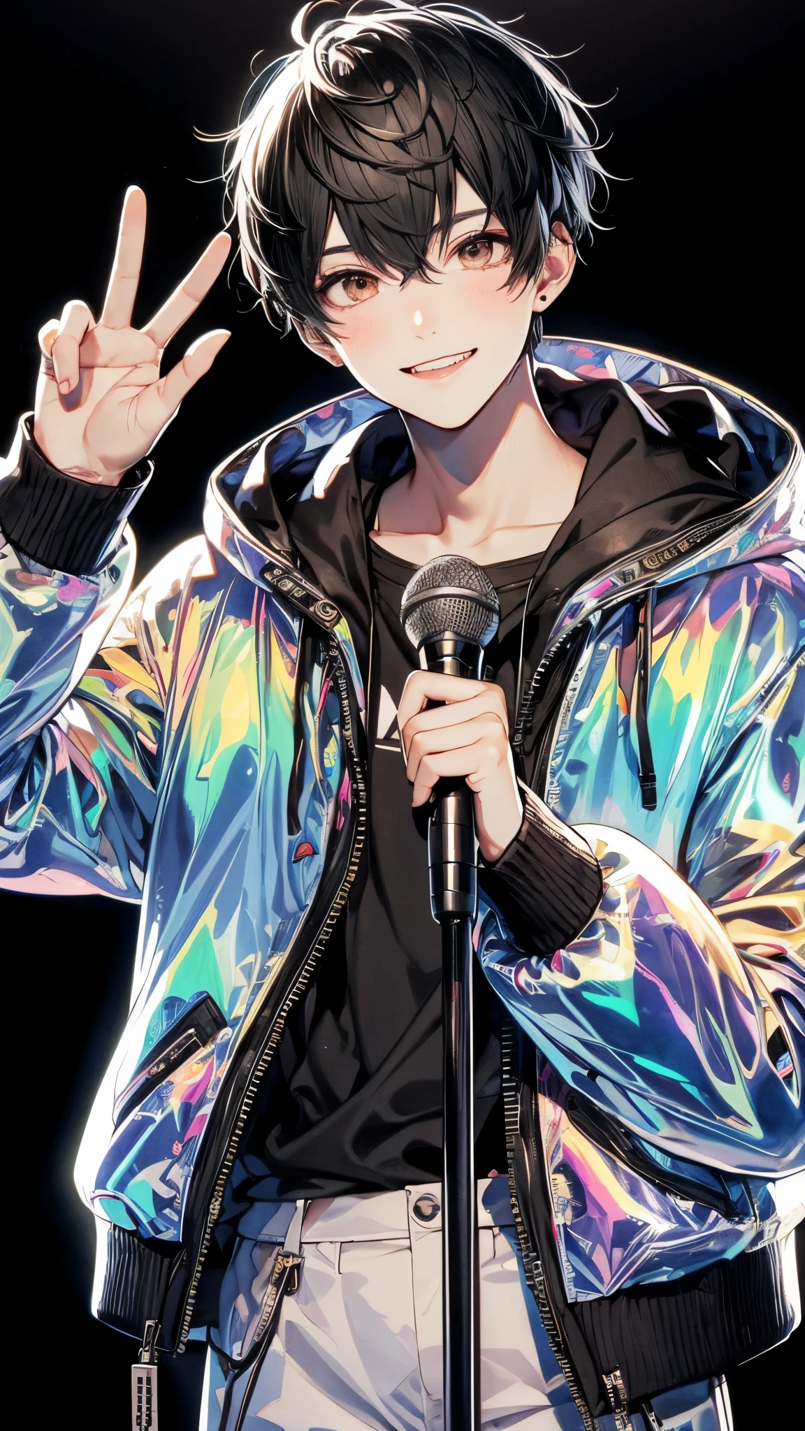 Delicate eyes, Detailed eyes, Beautiful eyes, Handsome young man with short black hair, Brown round eyes, and a toothy smile, I am wearing an aurora jacket made of hologram material....., Iridescent fabric, and black pants. he has a microphone in one hand, While holding a peace sign above your head with your other hand...... Pitch black background. The style is high quality Japanese anime, Features clear line drawings, Transparent watercolor, well-defined shading