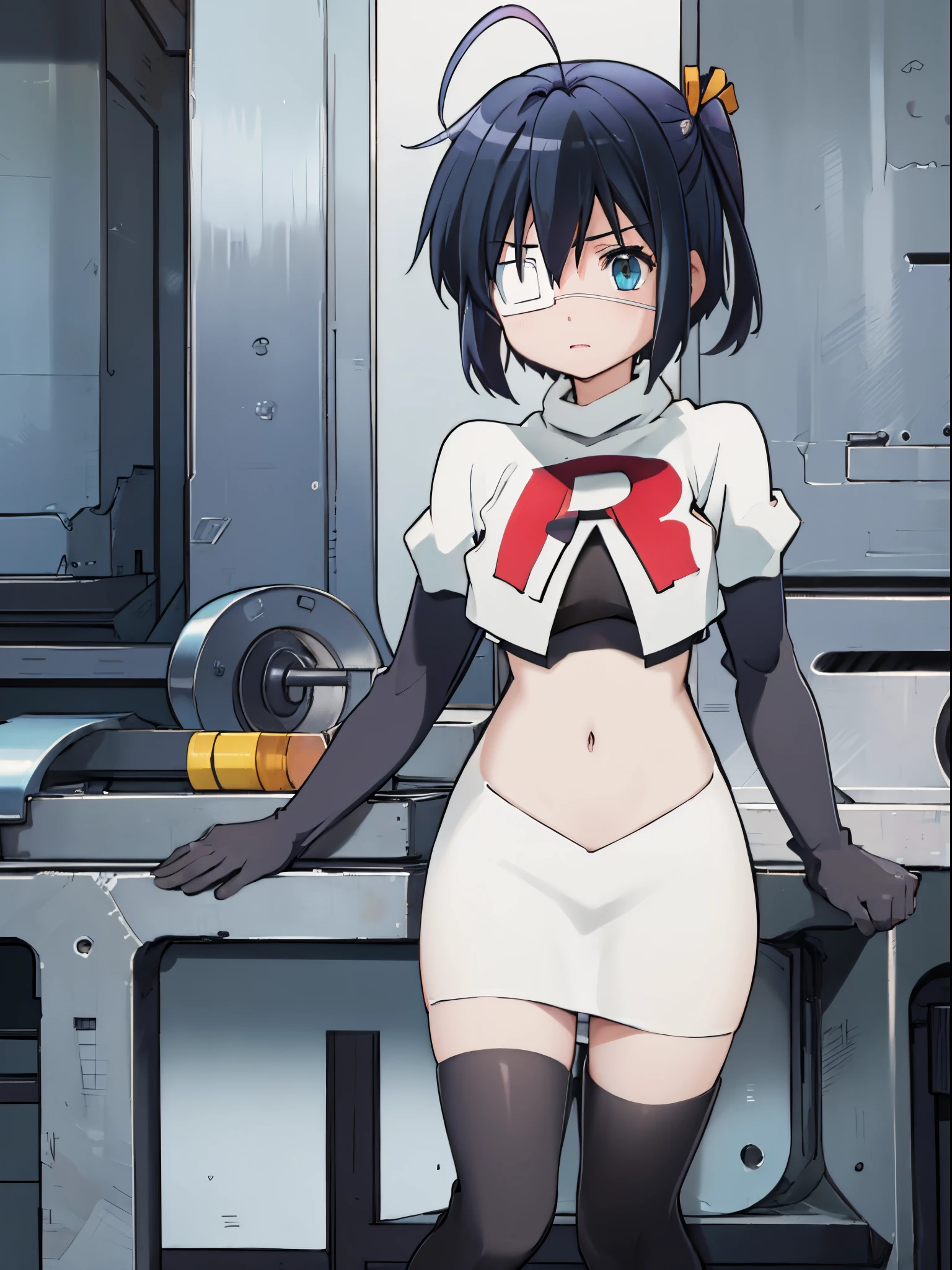 ph rikka, 1girl, :o, jacket, blazer, aqua eyes,team rocket,team rocket uniform,white skirt,crop top,black thigh-high boots,black elbow gloves,