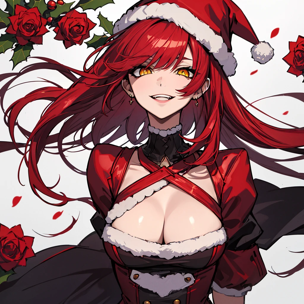 (absurdres, 8k, 4k, masterpiece, hyper extreme detailed:1.2), ((christmas hat)), solo, ((red hair)), 1girl, front view, perfect face, 1girl, ((red long hair)), ((straight cut hair bangs)), portrait, queen, bloody, ((very long hair)), (full body), elegant christmas dress, gloves, dominant, roses, expressive eyes, solo, perfect anatomy, evil eyes, female, medium boobs, black gothic clothes, long red hair, windy, braided hair, evil smile, yellow eyes, female, covered breasts,