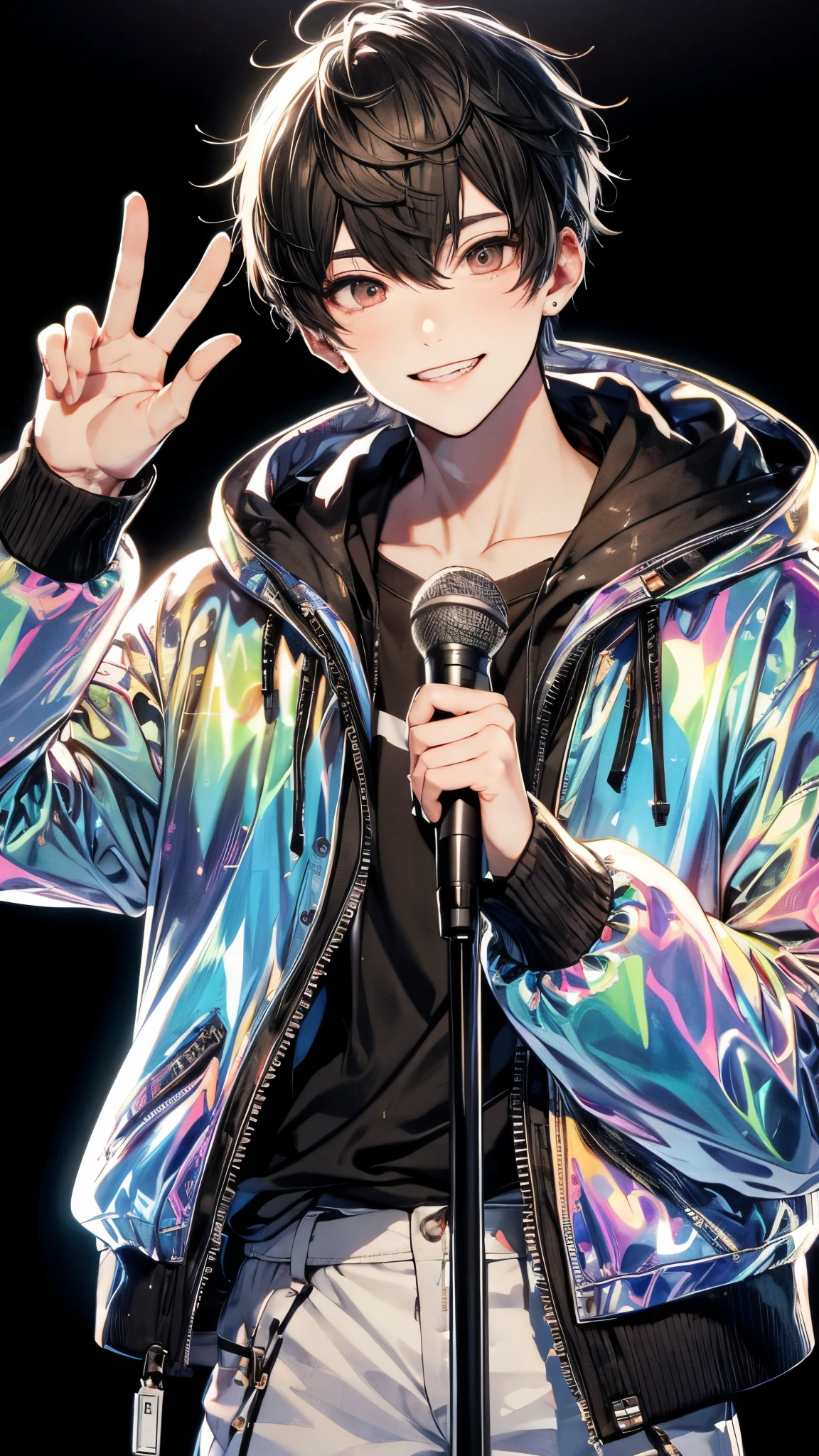 Delicate eyes, Detailed eyes, Beautiful eyes, Handsome young man with short black hair, Brown round eyes, and a toothy smile, I am wearing an aurora jacket made of hologram material......, Iridescent fabric, and black pants. he has a microphone in one hand, While holding a peace sign above your head with your other hand....... Pitch black background. The style is high quality Japanese anime, Features clear line drawings, Transparent watercolor, well-defined shading