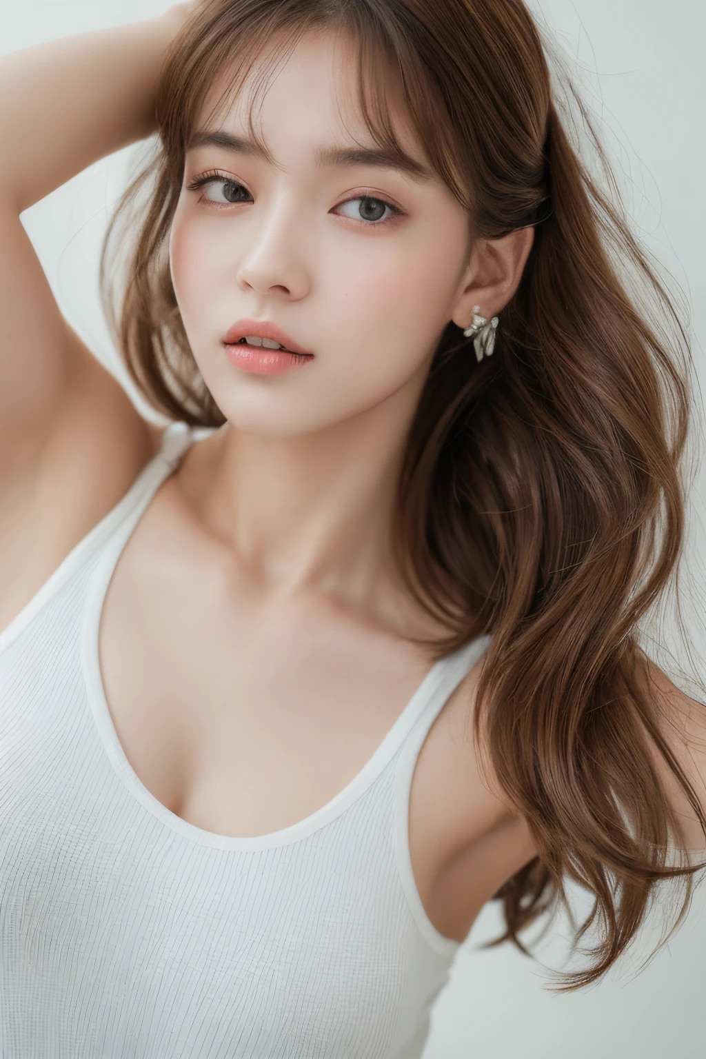 ((Best quality, 8k, Masterpiece :1.3)), 1girl, Pretty woman with emphasizing slender abs :1.3, (random hairstyles :1.2), Oversized tank top :1.2, Ultra-detailed face, Detailed eyes, Double eyelid, armpit