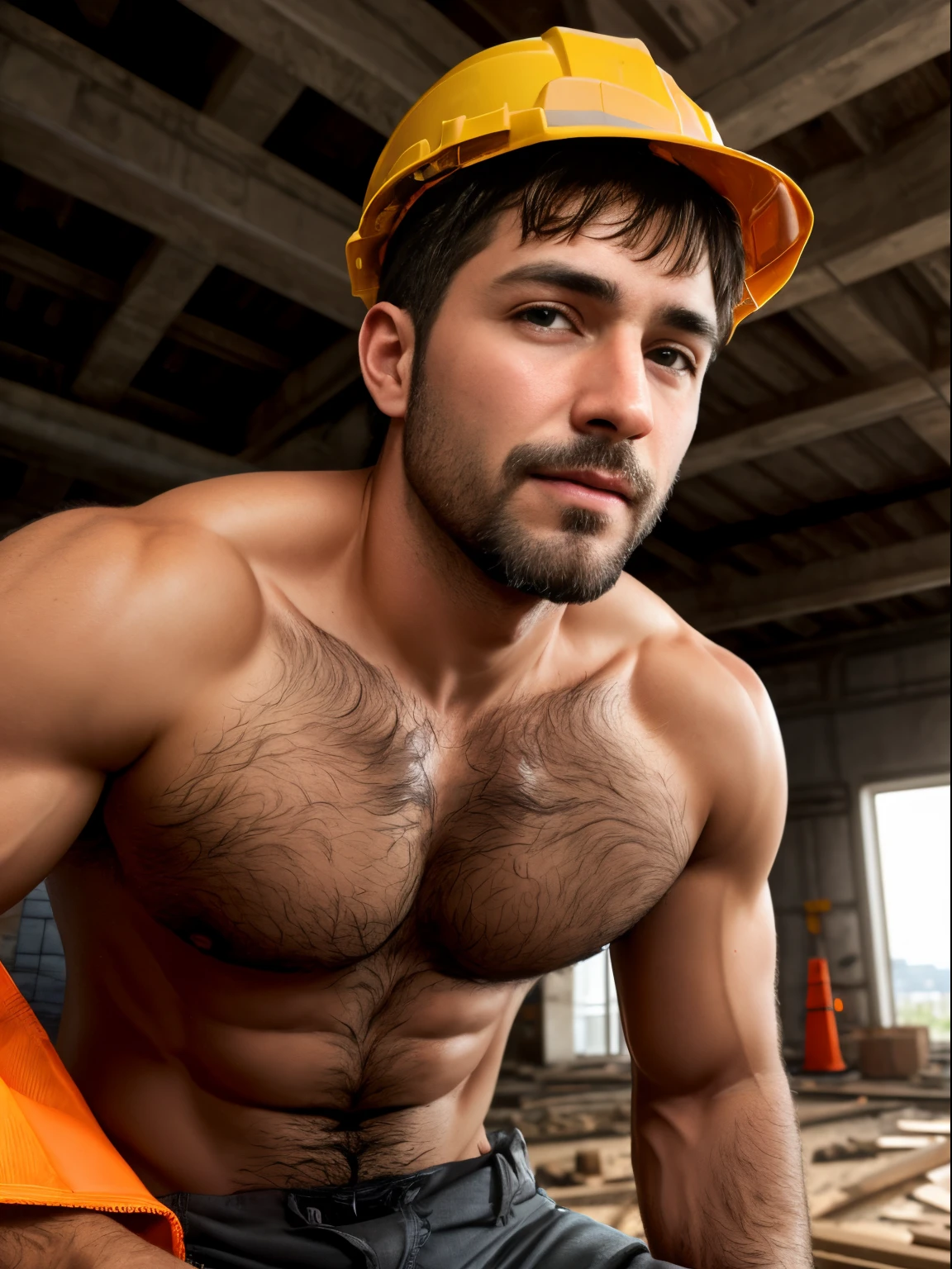 masterpiece, best quality, high resolution, closeup portrait, male focus, solo focus, A man, 35 years old, with construction worker uniform, unbuttoned work clothes, construction worker, silver grey hair, messy hairstyle, cute and seductive face, bare chest, body hair, facial hair, roman nose, sweaty, spreading legs, hairy armpit, pubic hair, seductive, very skinny body, hairy legs, dimples, beard, goatee, bold jawline , in the background a construction site, orange safety vest, gay , erotic, view from below, amazing composition, front view, HDR, ultra quality, elegant, highly detailed