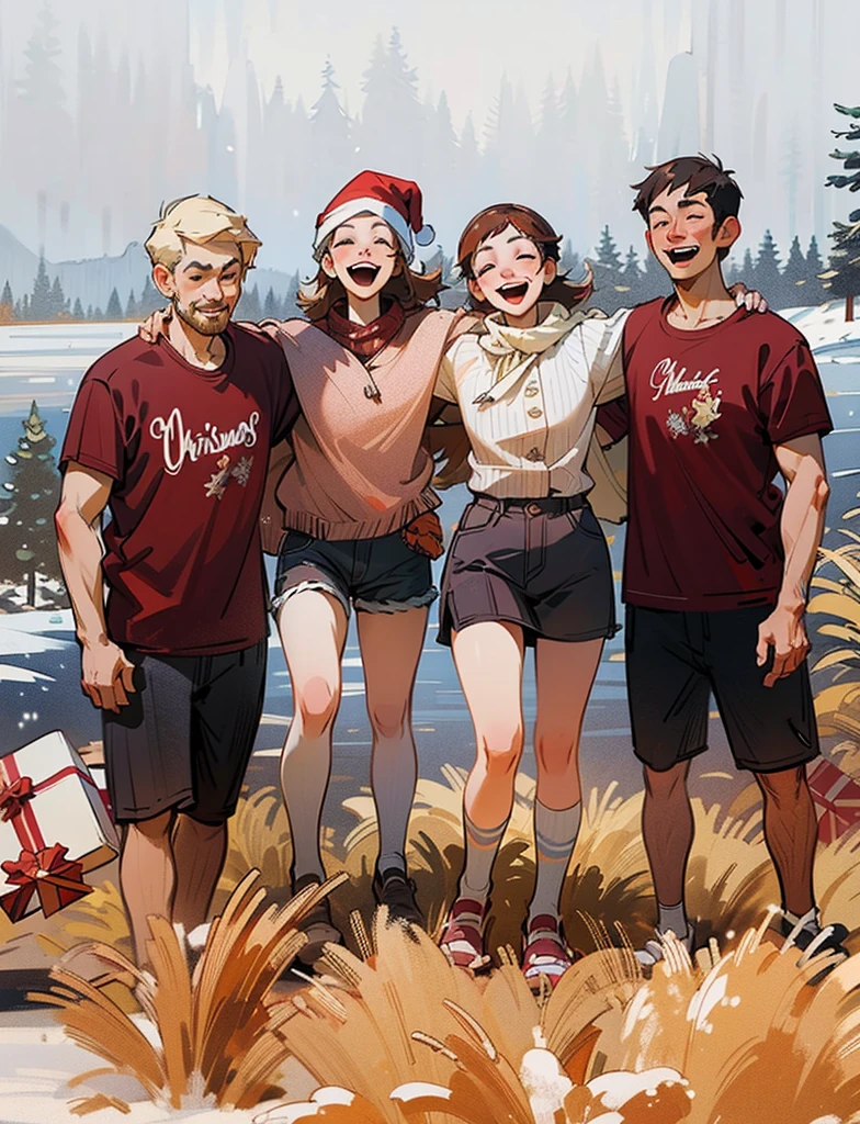 Christmas, high detail faces, happy, smiling, Christmas clothes, snow background, hats, scarfs, Christmas trees background, gifts, 8k cinematic, volumetric lighting, illustrations, Christmas card theme