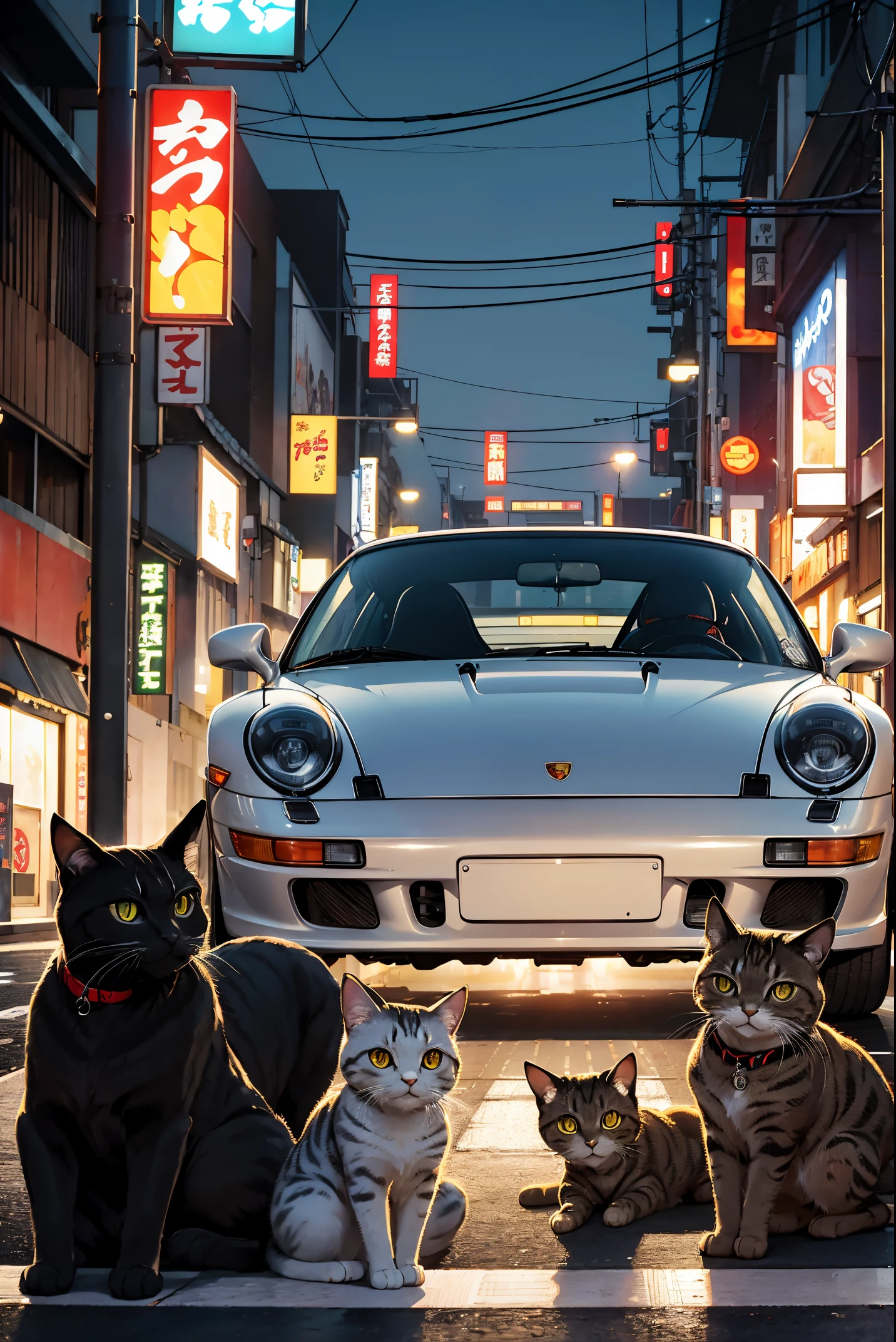 fast and furious with cats, streets of tokyo japan, image of porsche 911 gt3, dark brown tabby cats sitting around the car, highly detailed cats, correct proportions, night time, street lights, convenience store in background behind car
