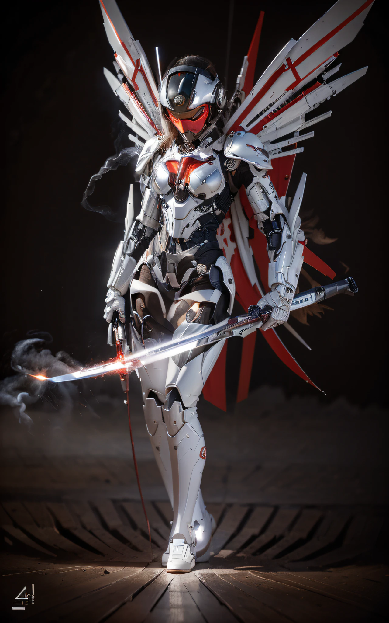 beautiful woman, con un moderno traje volador mecha cyborg, color blanco con detalles en rojo, Casco moderno con visera roja., Alas de metal, holds laser-edged Katanas in each hand, ella esta volando en el cielo, Explosiones, humo, Fuego, 4k, Imagen ultra detallada, realista, Altamente detallado, perfect composition, splendid, Intrincadamente detallado, Incredibly detailed, 8 k artistic photography, hiper detallado, Obra maestra, Ultra detallado, hiperrealista, 4k, Imagen ultra detallada, realista, Altamente detallado, perfect composition, splendid, Intrincadamente detallado, Incredibly detailed, 8K fine art photography, hiper detallado, Obra maestra