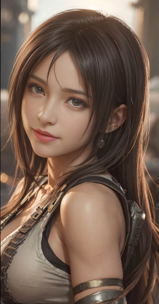 (best quality,ultra-detalhado),(Realistic:1.37),Tifa Lockhart, Rosto bonito e detalhado, maquiagem preta nos olhos, textura ultra realista, rosto delicado, corpo delicado, sorrisinho fofo