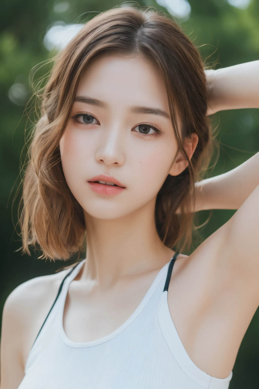 ((Best quality, 8k, Masterpiece :1.3)), 1girl, Pretty woman with emphasizing slender abs :1.3, (random hairstyles :1.2), Oversized tank top :1.2, Ultra-detailed face, Detailed eyes, Double eyelid, armpit