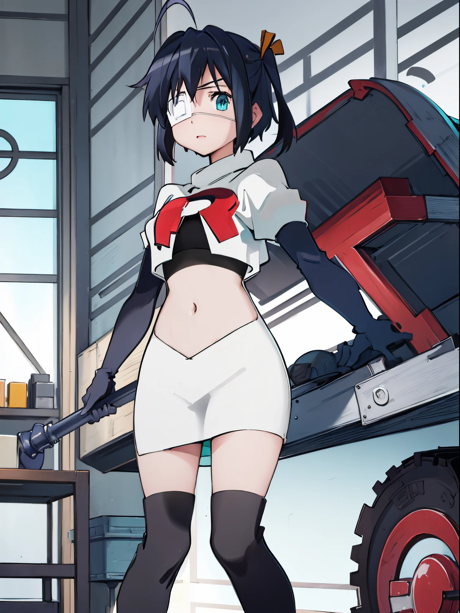 ph rikka, 1girl, :o, jacket, blazer, aqua eyes,team rocket,team rocket uniform,white skirt,crop top,black thigh-high boots,black elbow gloves,