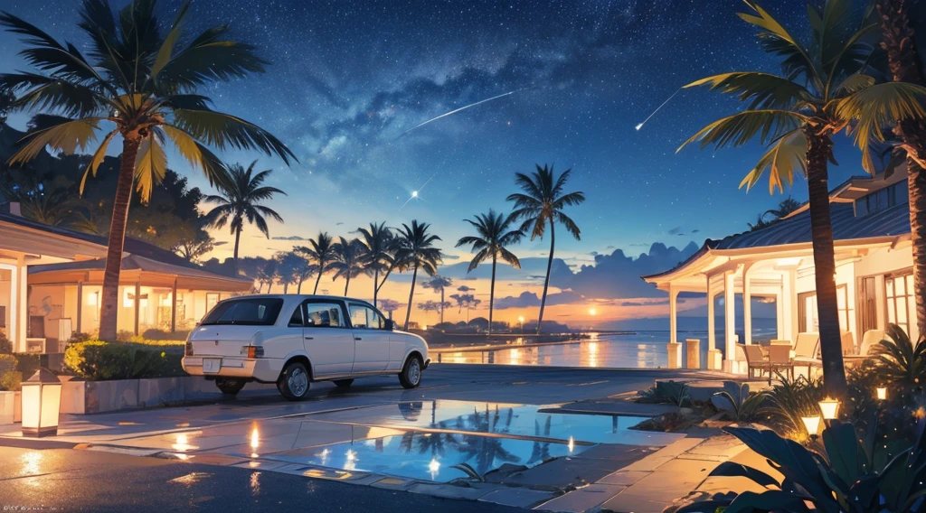 (starry sky, seaside, palm tree), (white classic car)