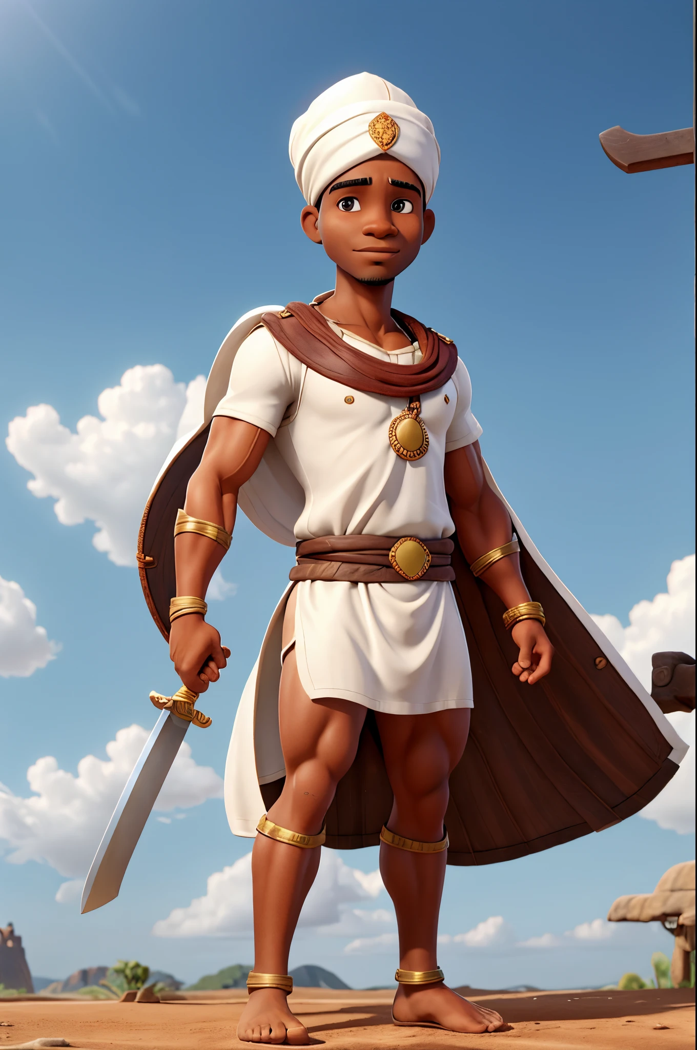 Muscular African man, 30s, barefoot, wearing white tunic, turban and cape, holding a shield on his arm, with a sword on his back, in front of clouds