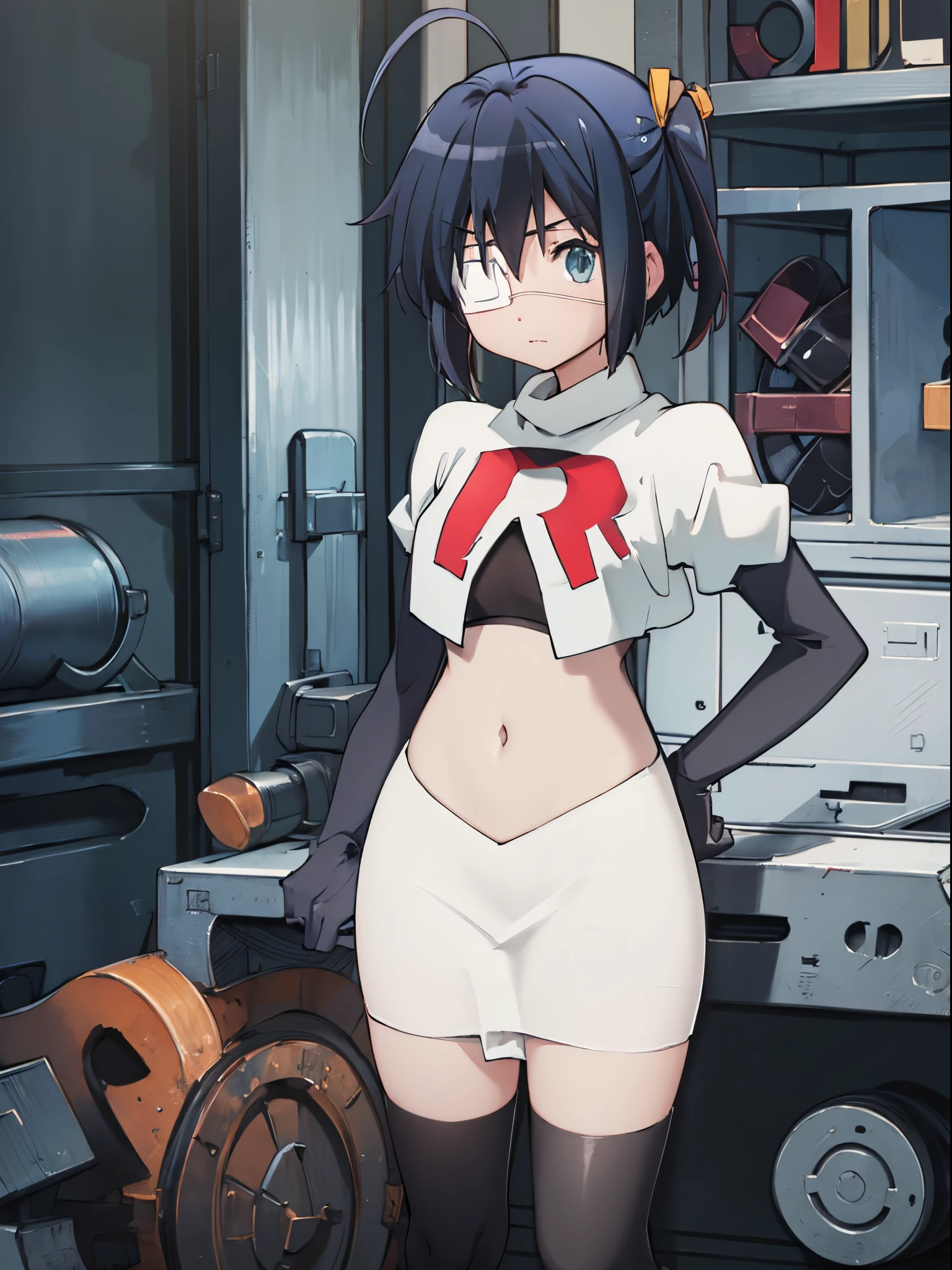ph rikka, 1girl, :o, jacket, blazer, aqua eyes,team rocket,team rocket uniform,white skirt,crop top,black thigh-high boots,black elbow gloves,