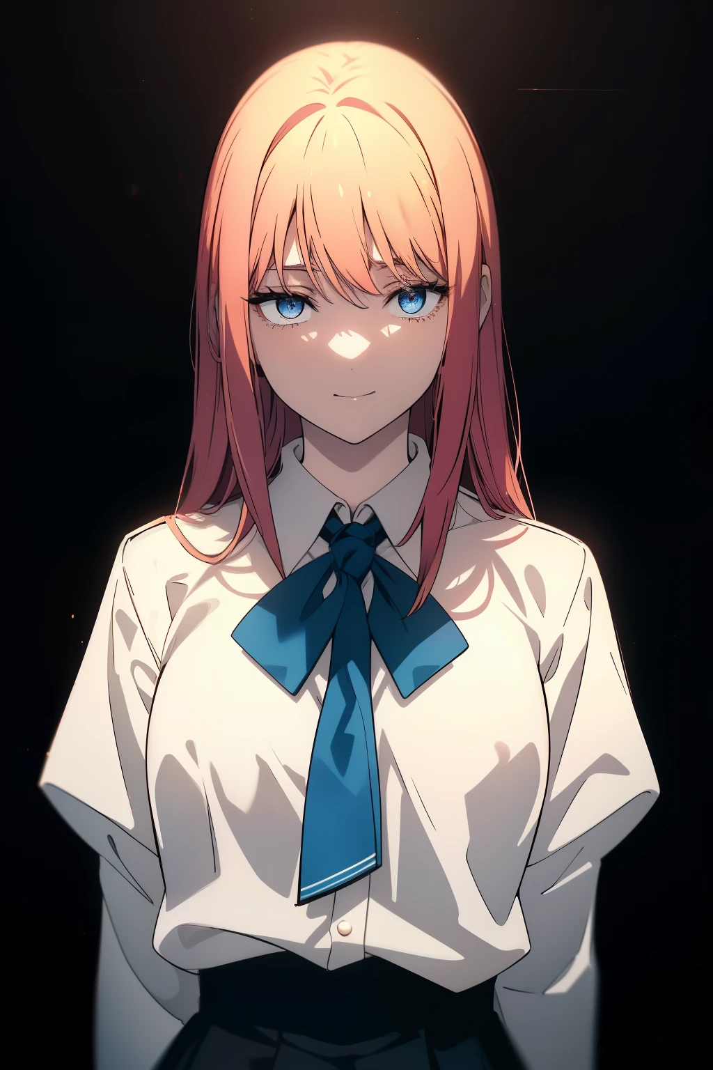 (Obra maestra, La mejor calidad, ultrahigh resolution), 1girl, standing, school uniform, white office shirt, black pleated skirt, ((light brown, light brown hair:0.7)), long hair cut, pale skin, ((blue eyes)), glowing_eyes, neon eyes, (ultra detailed eyes:0.7, beautiful and detailed face, detailed eyes:0.9), ((centered)), smile, ((wide shot)), facing viewer, eye level, ((vibrant background, retro sunset, palm tree)), , looking at viewer, ((half closed eyes)), ((perfect hands)), (((head, arms, , elbows, in view))), ((hands behind back)), empty eyes, beautiful lighting, outside, outdoors, background, defined subject, 25 years old, (head tilt)