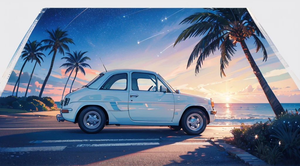 (starry sky, seaside, palm tree), (white classic car)