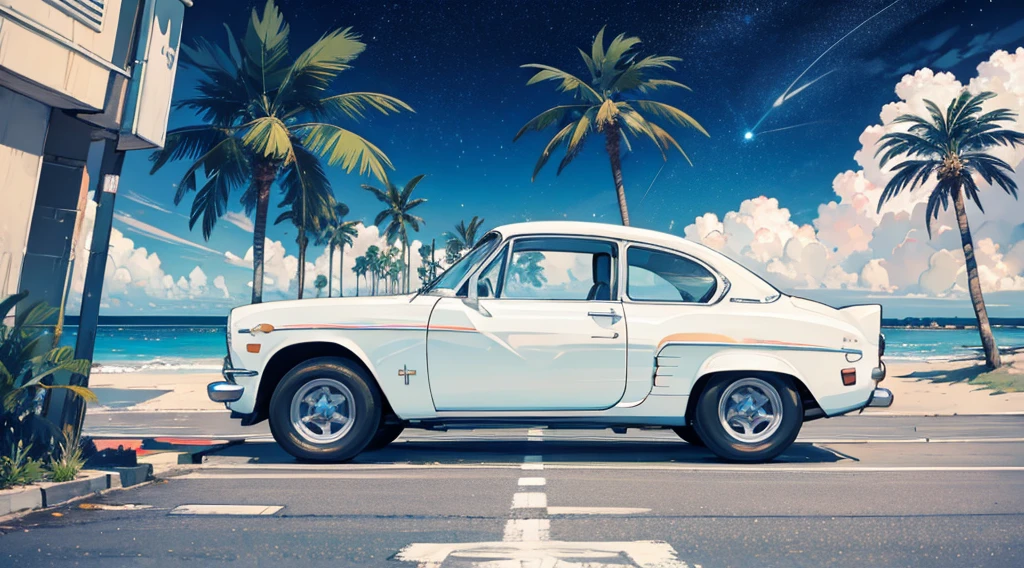 (starry sky, seaside, palm tree), (white classic car)