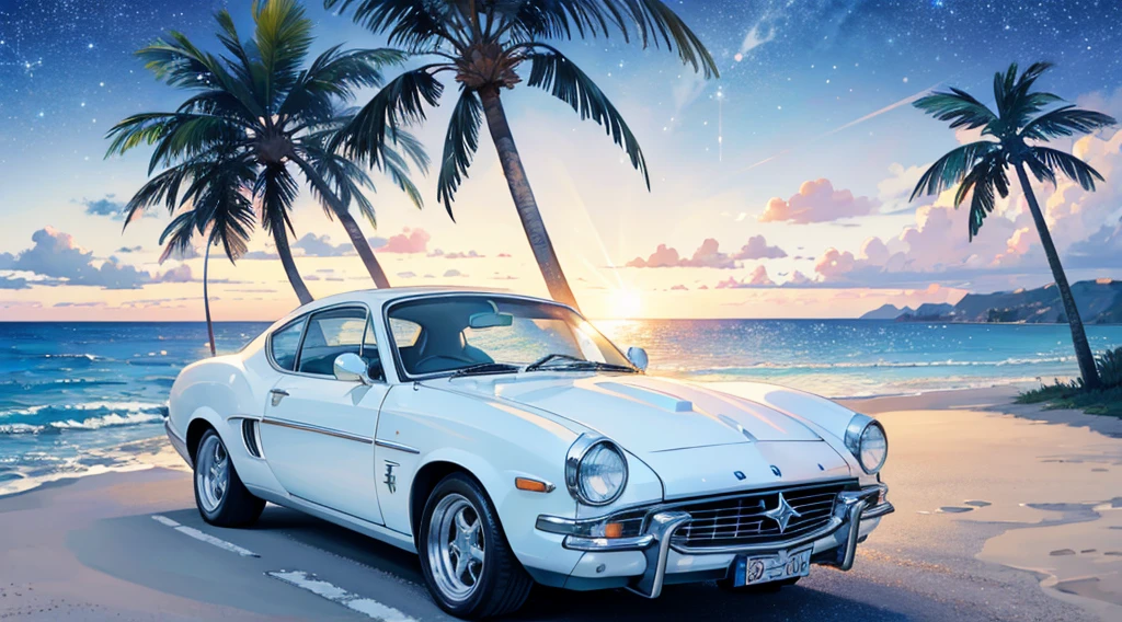 (starry sky, seaside, palm tree), (white classic car)