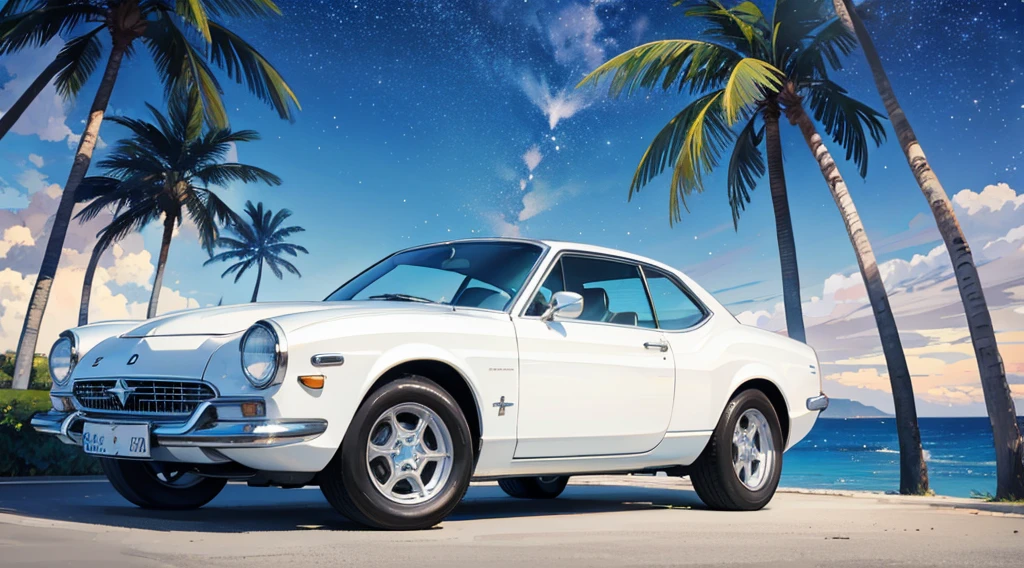 (starry sky, seaside, palm tree), (white classic car)