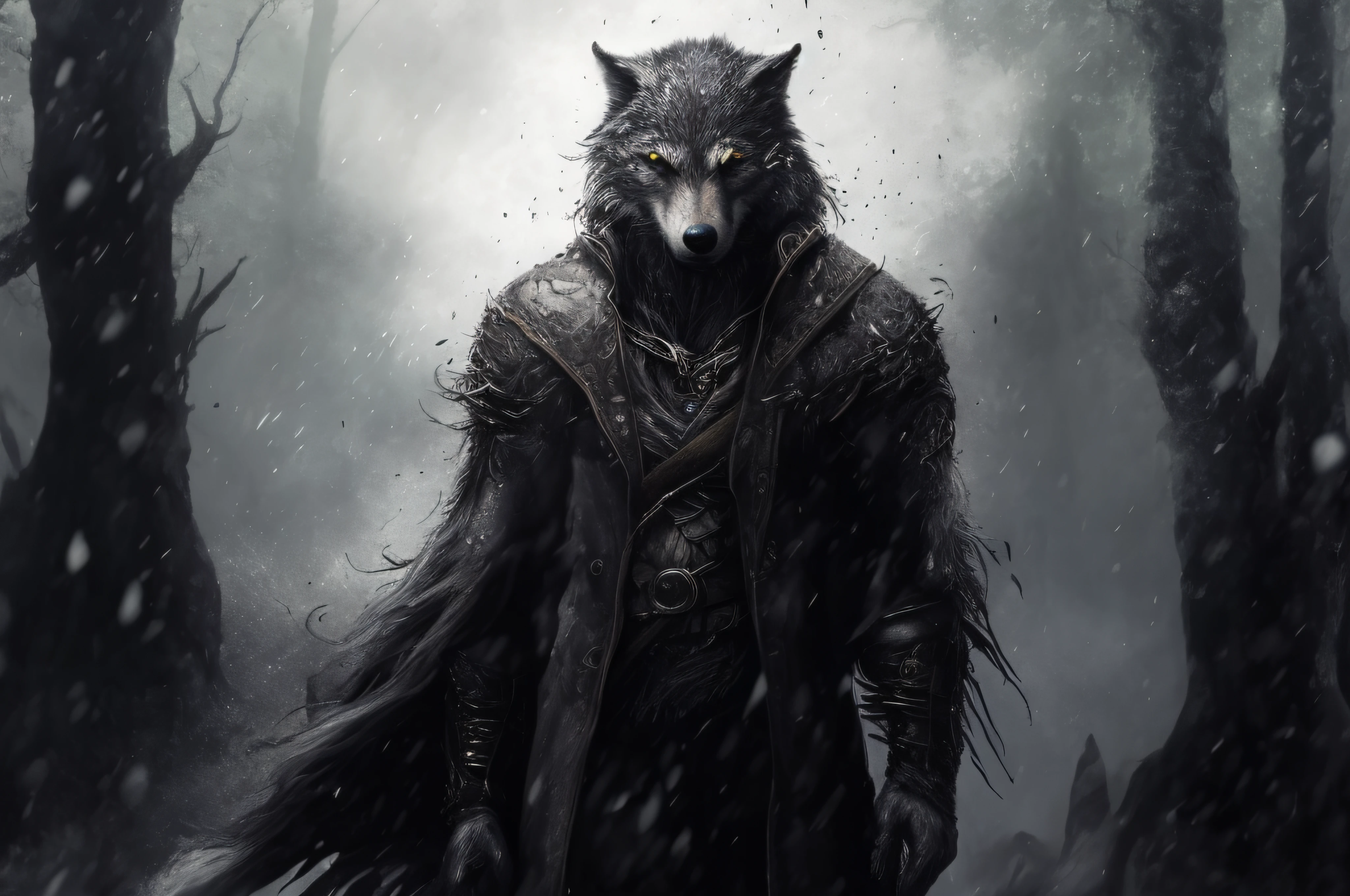 um close up de uma pessoa em uma foto em preto e branco, casaco de couro, roupa suja, an anthropomorphic wolf, anthropomorphic wolf, um lobo antro, portrait of a bloodborne hunter, grande lobo, retrato do lobo da fantasia, Retrato de um lobisomem, arte de estilo fantasia escura, Fenrir, anthropomorphic wolf male