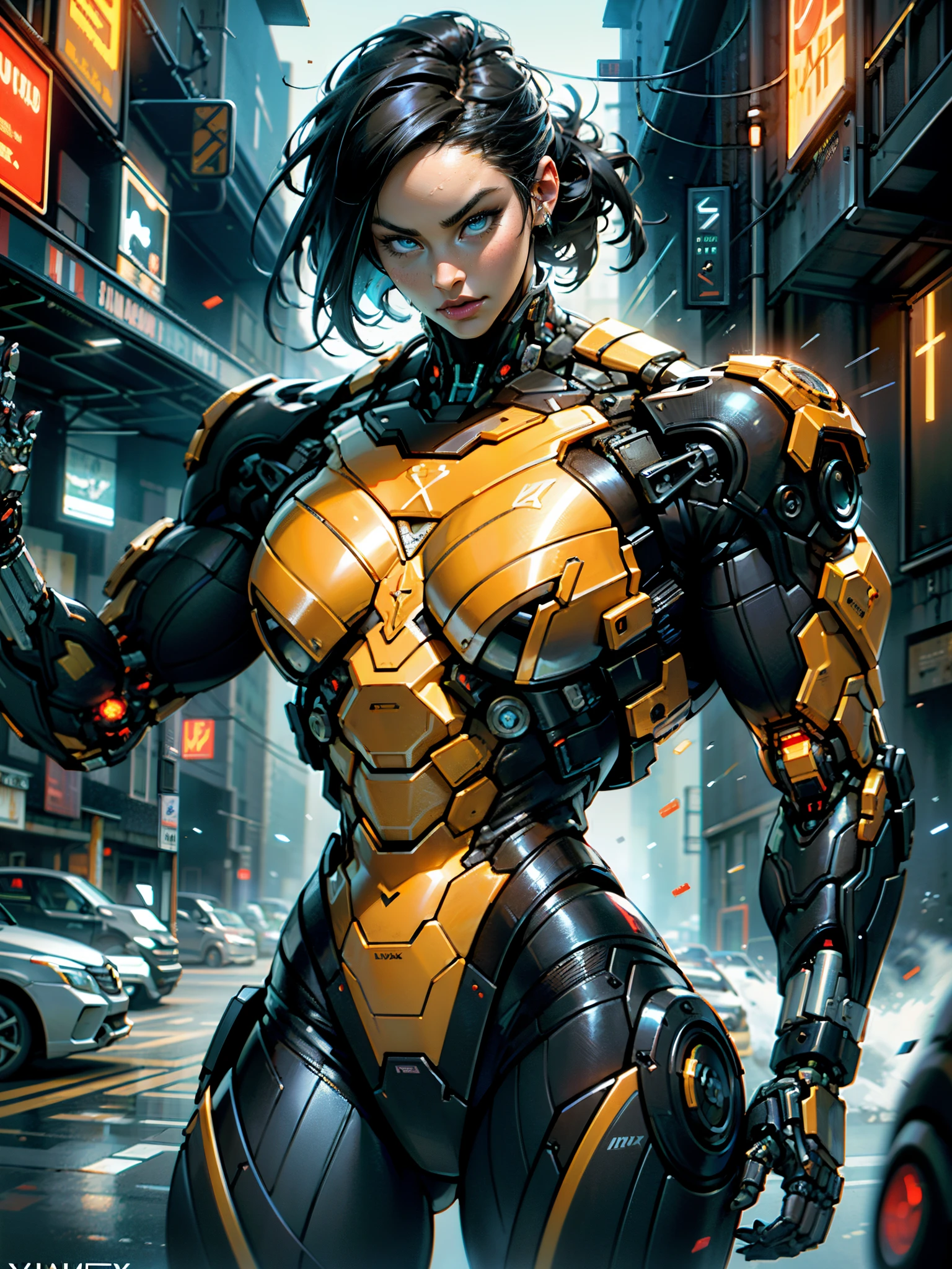 Cinematic, hyper-detailed, and insanely detailed, this artwork captures the essence of megan fox with breathtaking beauty. The color grading is beautifully done, enhancing the overall cinematic feel. Unreal Engine brings her anatomic cybernetic muscle suit to life, appearing even more mesmerizing. With the use of depth of field (DOF), every detail is focused and accentuated, drawing attention to her eyes and the intricate design of the anatomic cybernetic muscle suit . The image resolution is at its peak, utilizing super-resolution technology to ensure every pixel is perfect. Cinematic lighting enhances her aura, while anti-aliasing techniques like FXAA and TXAA keep the edges smooth and clean. Adding realism to the anatomic cybernetic muscle suit, RTX technology enables ray tracing. Additionally, SSAO (Screen Space Ambient Occlusion) gives depth and realism to the scene, the girl's anatomic cybernetic muscle suit become even more convincing. In the post-processing and post-production stages, tone mapping enhances the colors, creating a captivating visual experience. The integration of CGI (Computer-Generated Imagery) and VFX (Visual Effect brings out the anatomic cybernetic muscle suit's intricate features in a seamless manner. SFX (Sound Effects) complement the visual artistry, immersing the viewer further into this fantastic world. The level of detail is awe-inspiring, with intricate elements meticulously crafted, the artwork hyper maximalist and hyper-realistic. Volumetric effects add depth and dimension, and the photorealism is unparalleled. The image is rendered in 8K resolution, ensuring super-detailed visuals. The volumetric lightning adds a touch of magic, highlighting her beauty and the aura of her anatomic cybernetic muscle suit in an otherworldly way. High Dynamic Range (HDR) technology makes the colors pop, adding richness to the overall composition. Ultimately, this artwork presents an unreal portrayal of a super muscled cybernetic female android