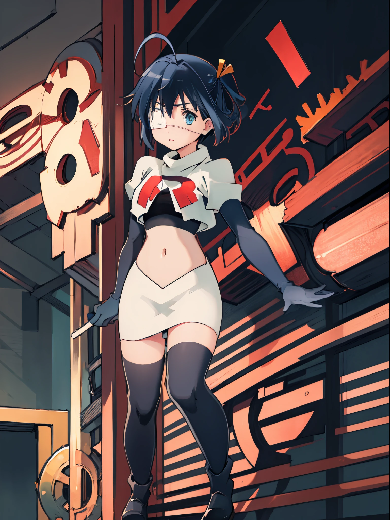 ph rikka, 1girl, :o, jacket, blazer, aqua eyes,team rocket,team rocket uniform,white skirt,crop top,black thigh-high boots,black elbow gloves,