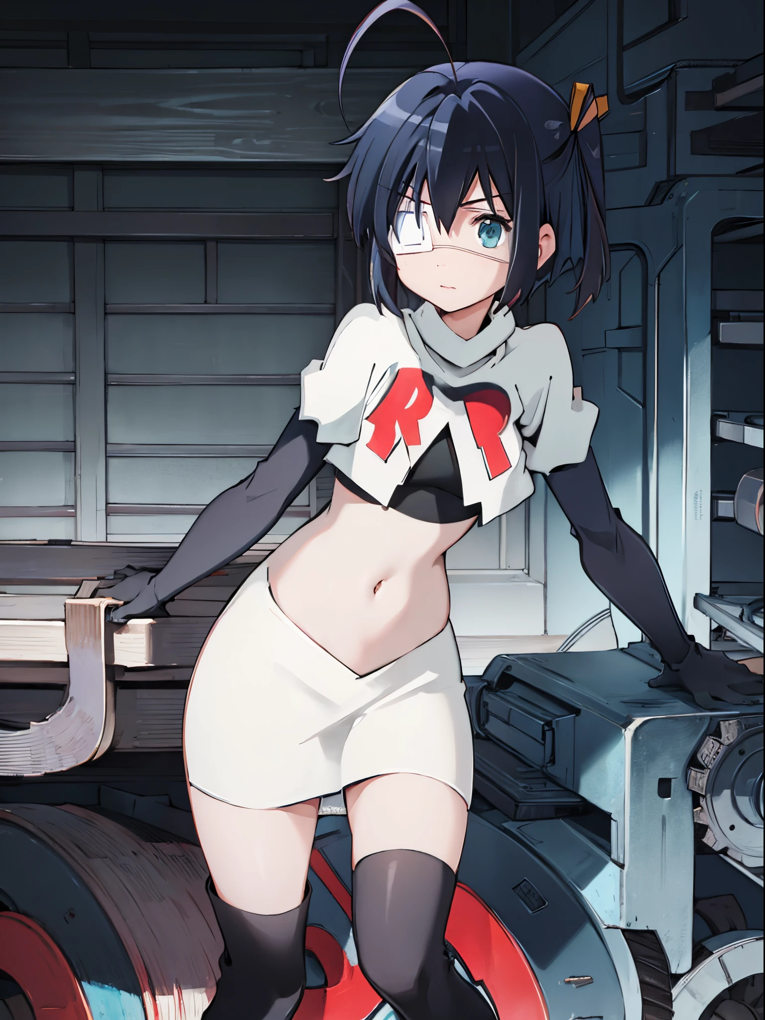 ph rikka, 1girl, :o, jacket, blazer, aqua eyes,team rocket,team rocket uniform,white skirt,crop top,black thigh-high boots,black elbow gloves,